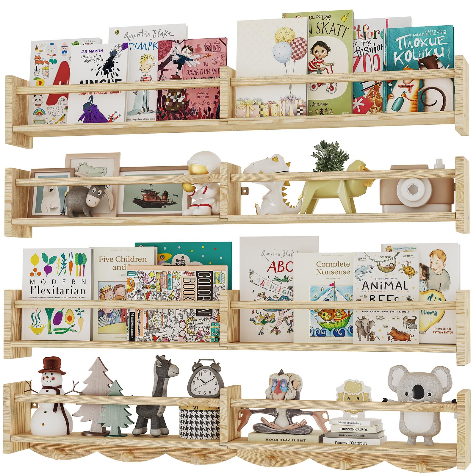 34Inch Nursery Bookshelves,Set of 4,Wall Floating Shelf Kids Coat Rack with 6Hooks