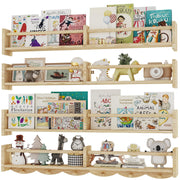 34Inch Nursery Bookshelves,Set of 4,Wall Floating Shelf Kids Coat Rack with 6Hooks