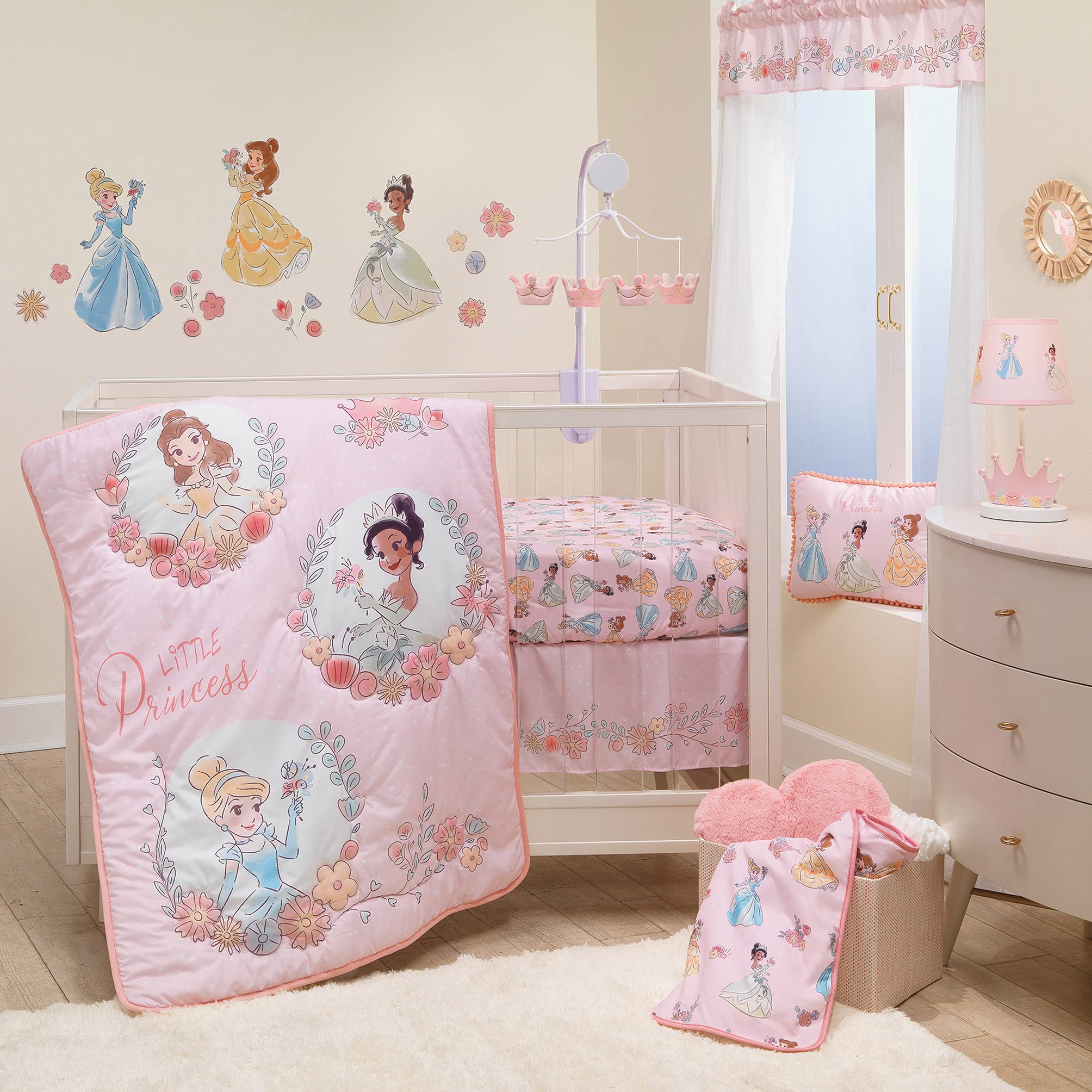 Disney Princesses Nursery Baby Crib Bedding Set, Pink, 3 Count