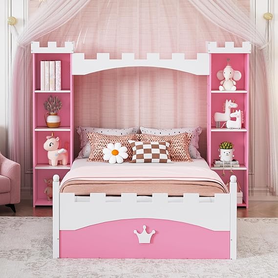 Castle-Shaped Wooden Bed Frame for Boys Girls Kids Adults Toddler with Storage Shelf