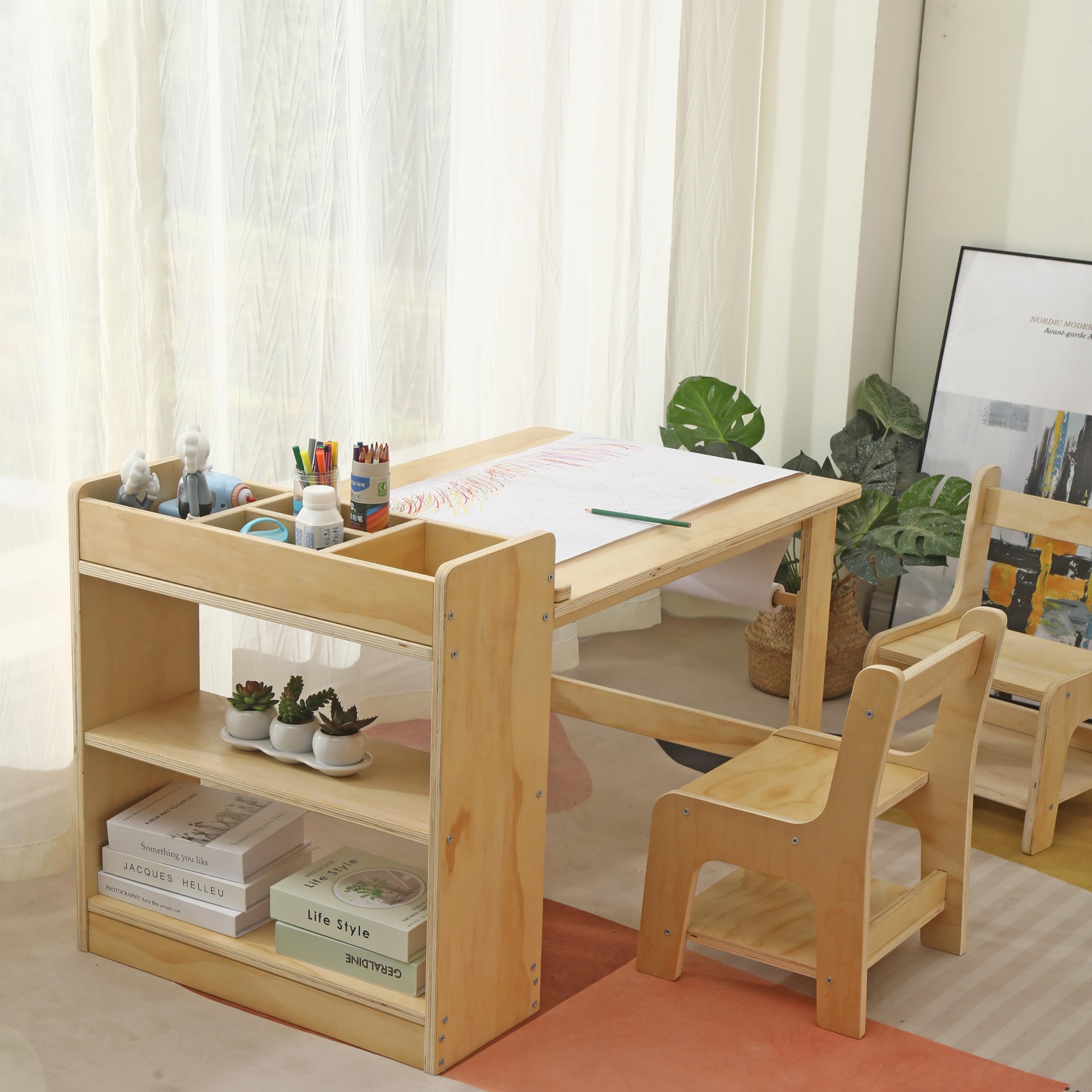 Kids Art Table and Chair Set with Storage Shelves