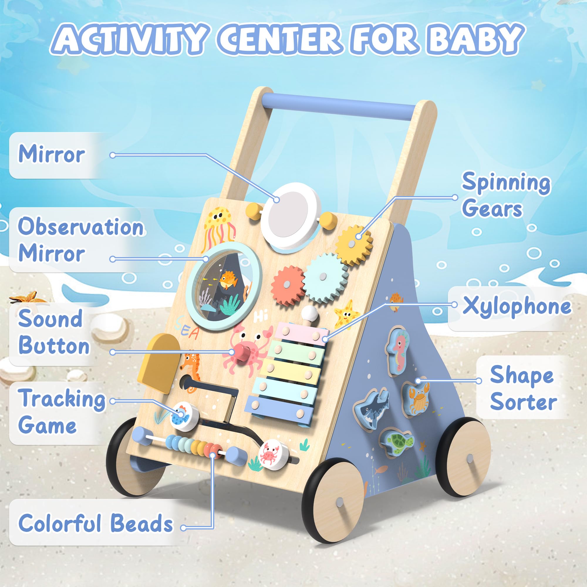 Ocean-Themed Wooden Baby Walker with Activity Center