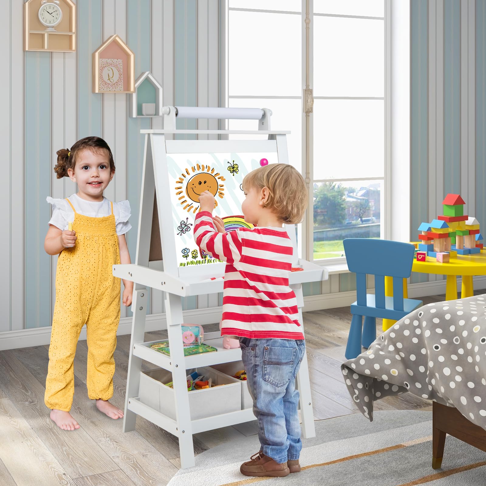 Costzon Kids Art Easel, 3 in 1 Double-Sided Painting Easel w/Magnetic Whiteboard, Chalkboard & Paper Roll, 2-Tier Storage Rack & 2 Boxes, Standing Easel for Kids, Toddlers, Gift for Boys, Girls