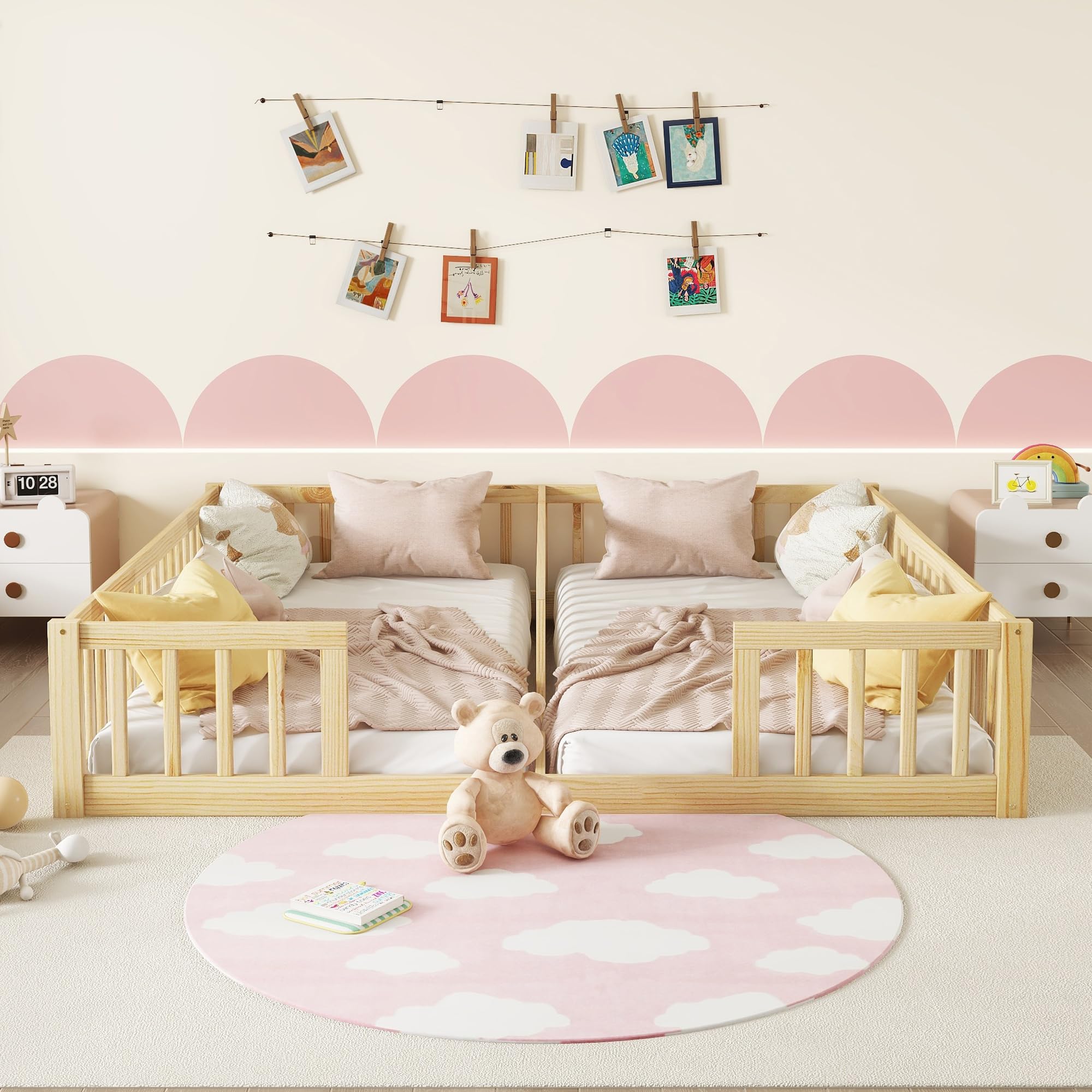Floor Bed for 2 Kids, Montessori Bed Frame with Fence Railings