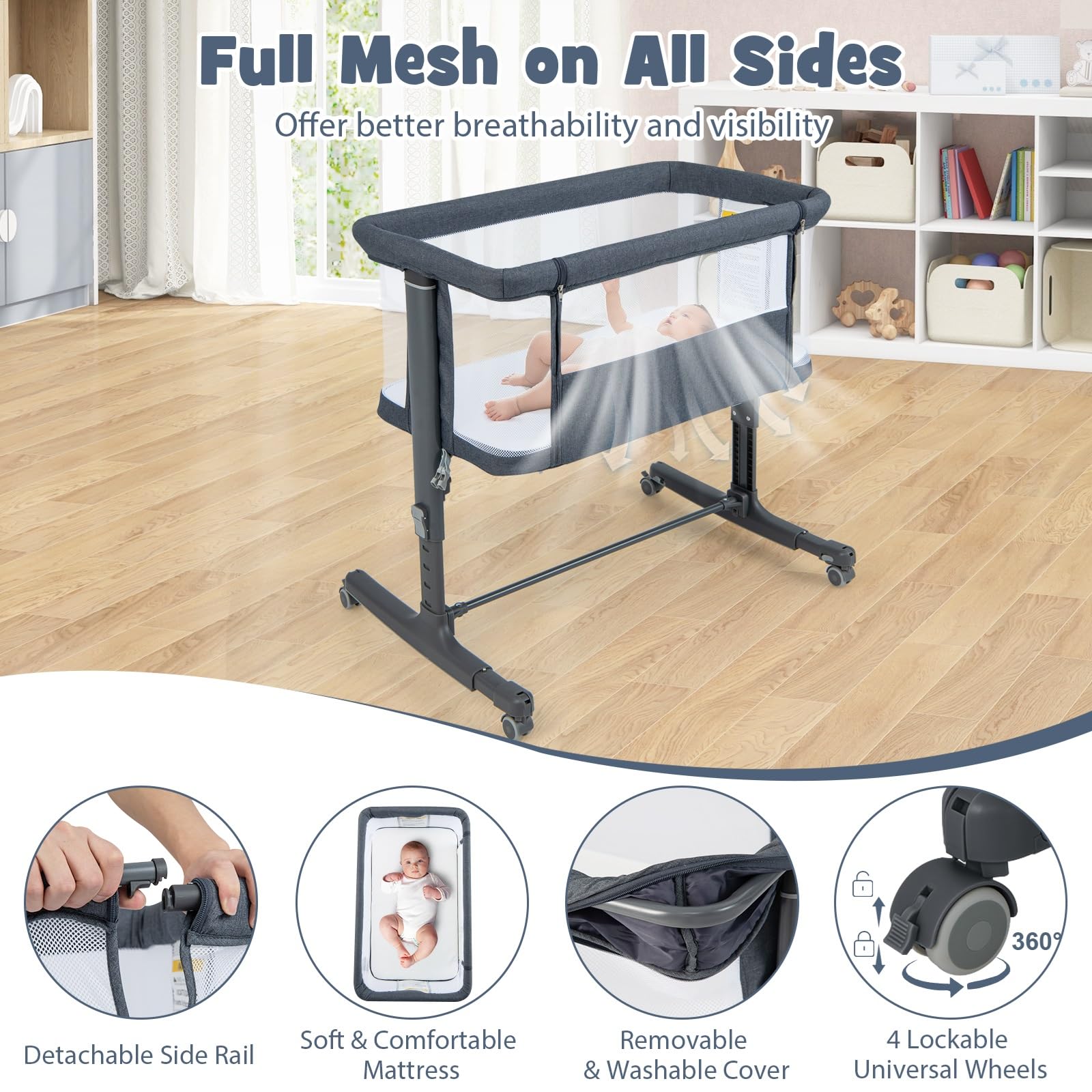 3-in-1 Baby Bassinet Bedside Sleeper with Wheels