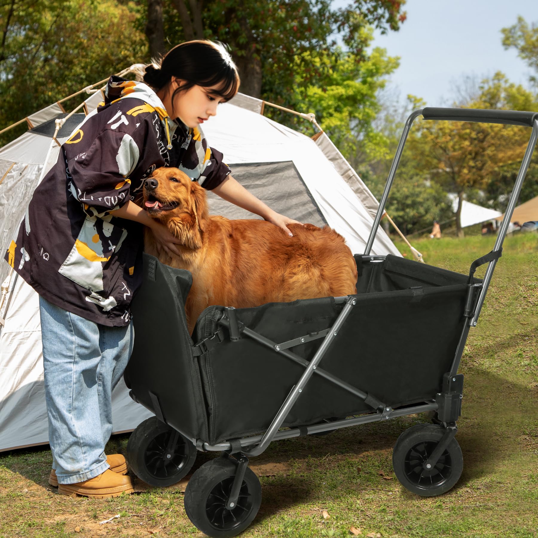 Folding Dog Wagon Cart with Extendable Rear End Heavy Duty, 220L Large Collapsible Utility Cart Dog Stroller with Tailgate for Sports Shopping Pet, Black