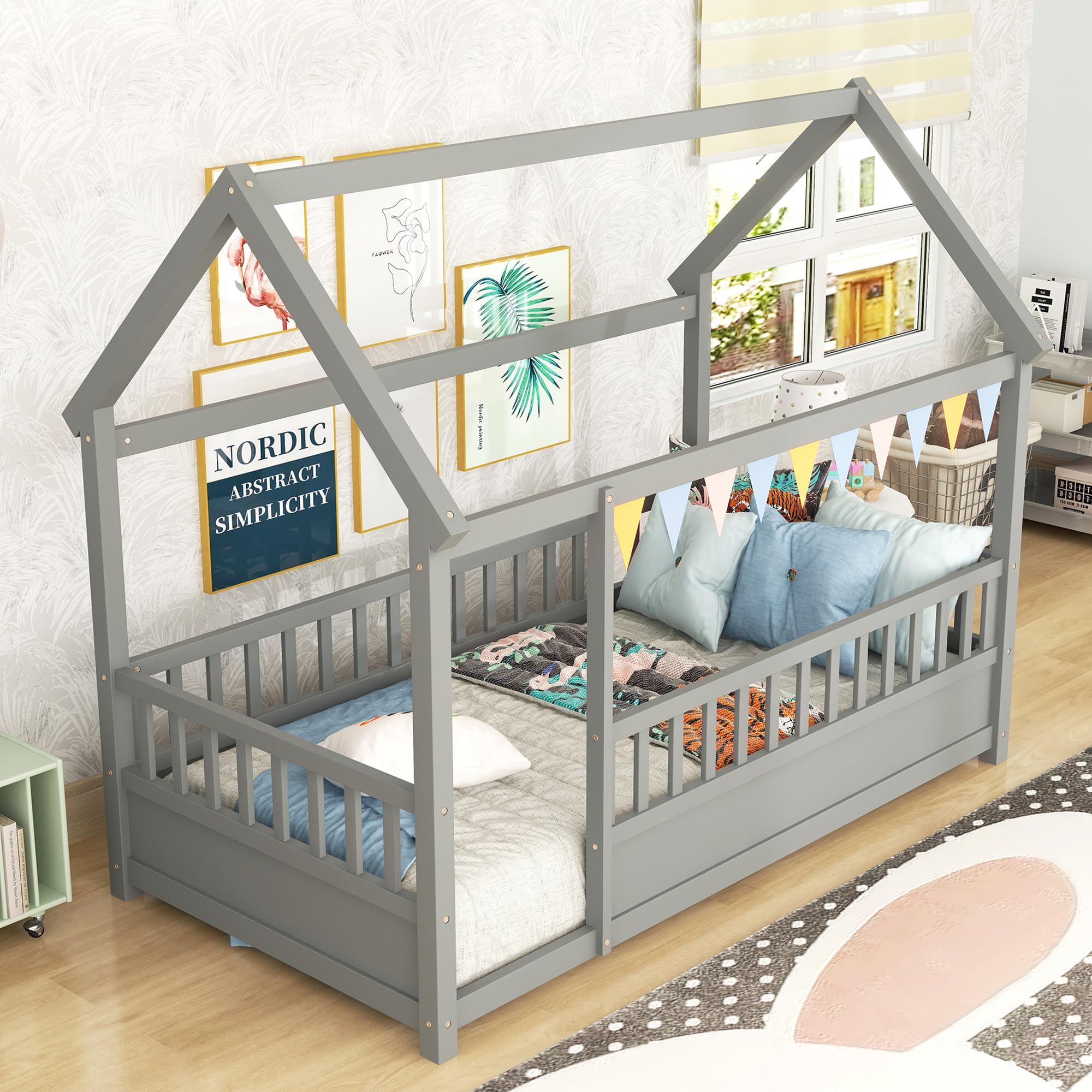 Kids Montessori Twin Size Floor Bed with High Fence, House Bed for Kids, Wooden, Gray