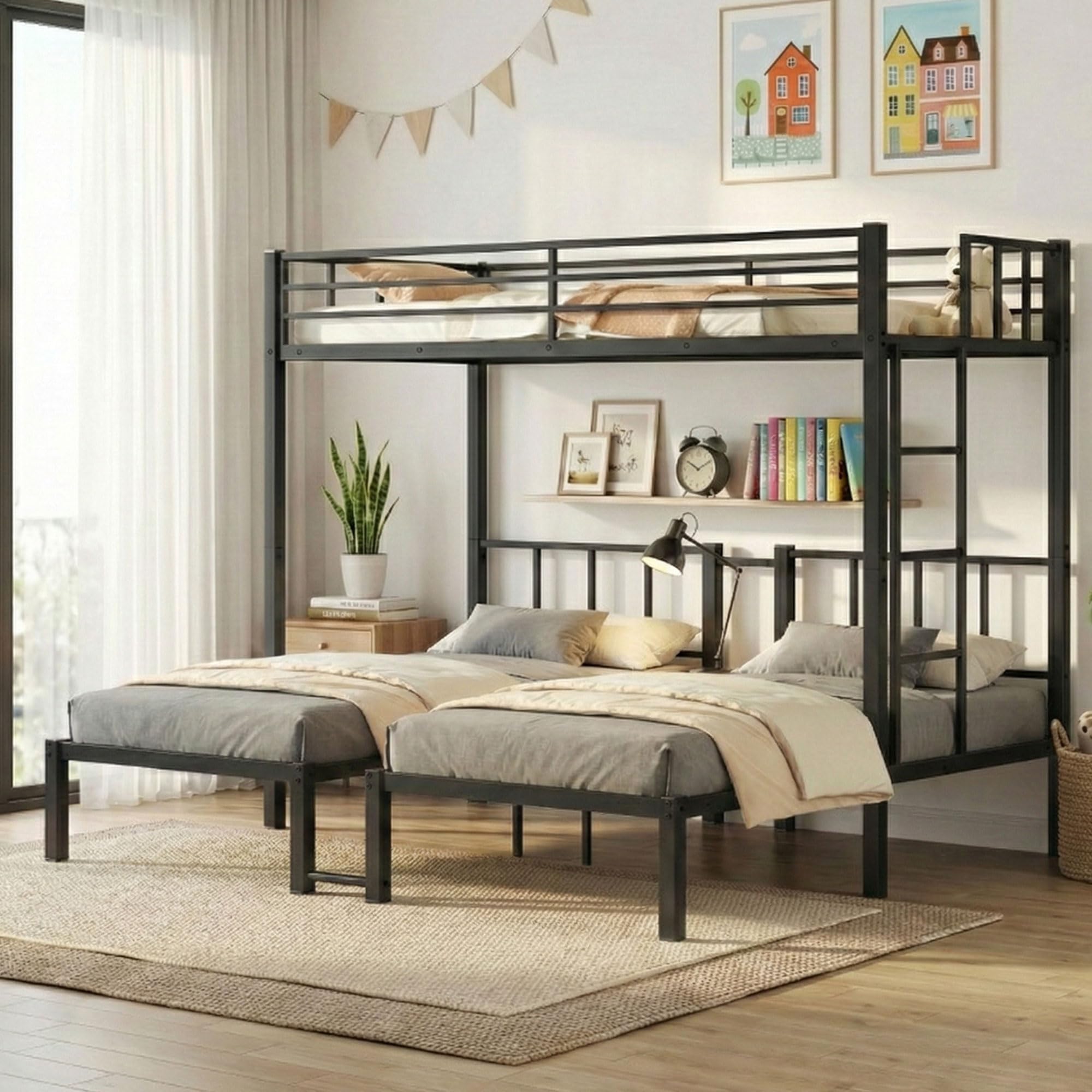 Triple Bunk Bed Metal Frame with Guardrails and Ladder