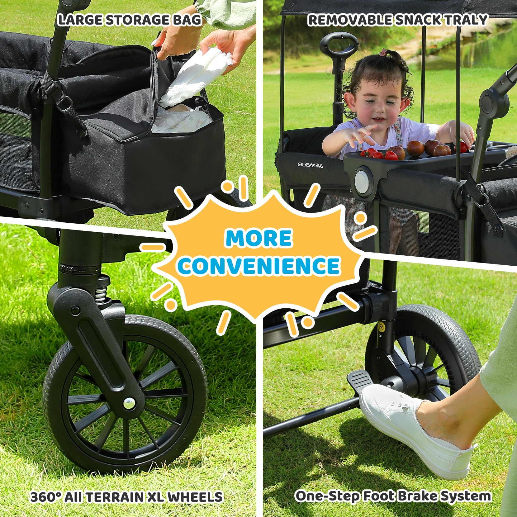ELEMARA Wagon Stroller for 2 Kids, Premium All-Terrain Stroller with Canopy, Adjustable Push/Pull Handle Bar, Comfortable drop-down footwell and Upholstered Seats, Black