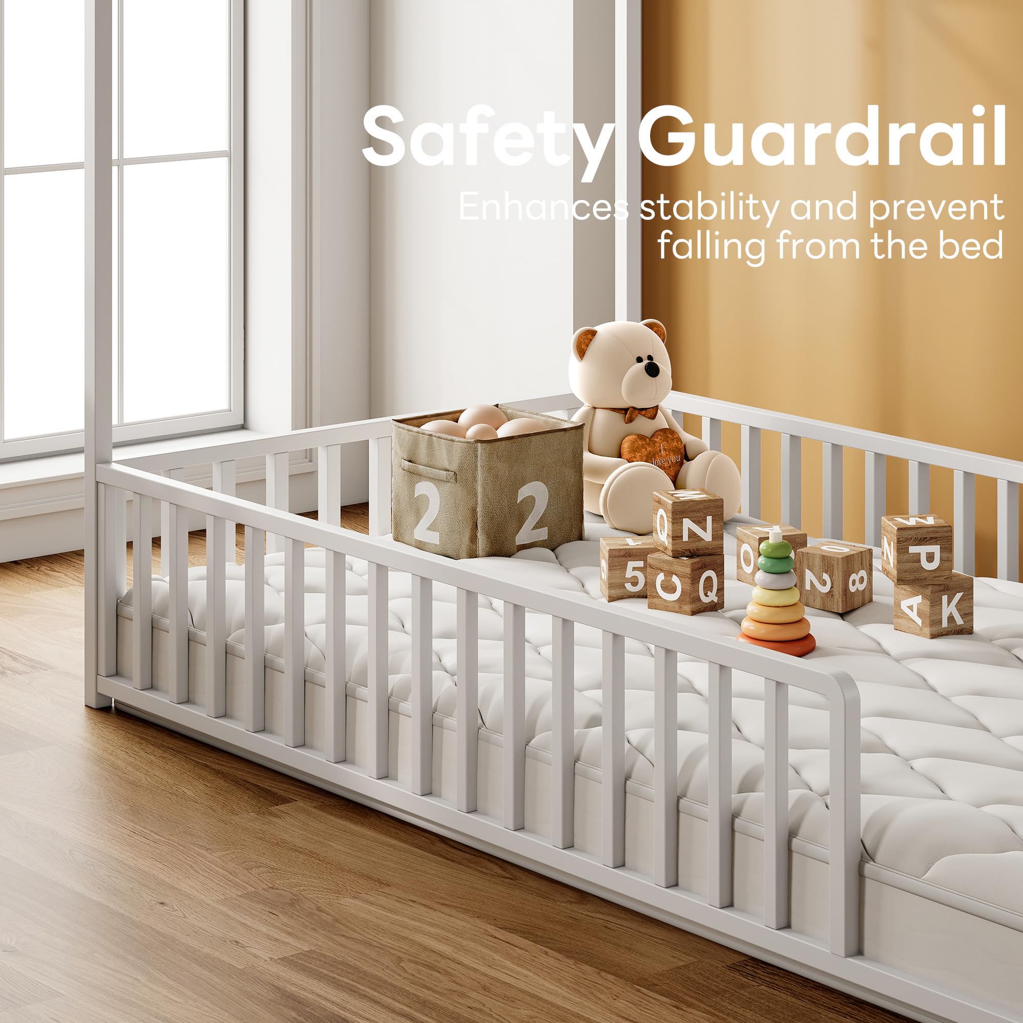 Twin Floor Bed Frame with Guardrails and Roof