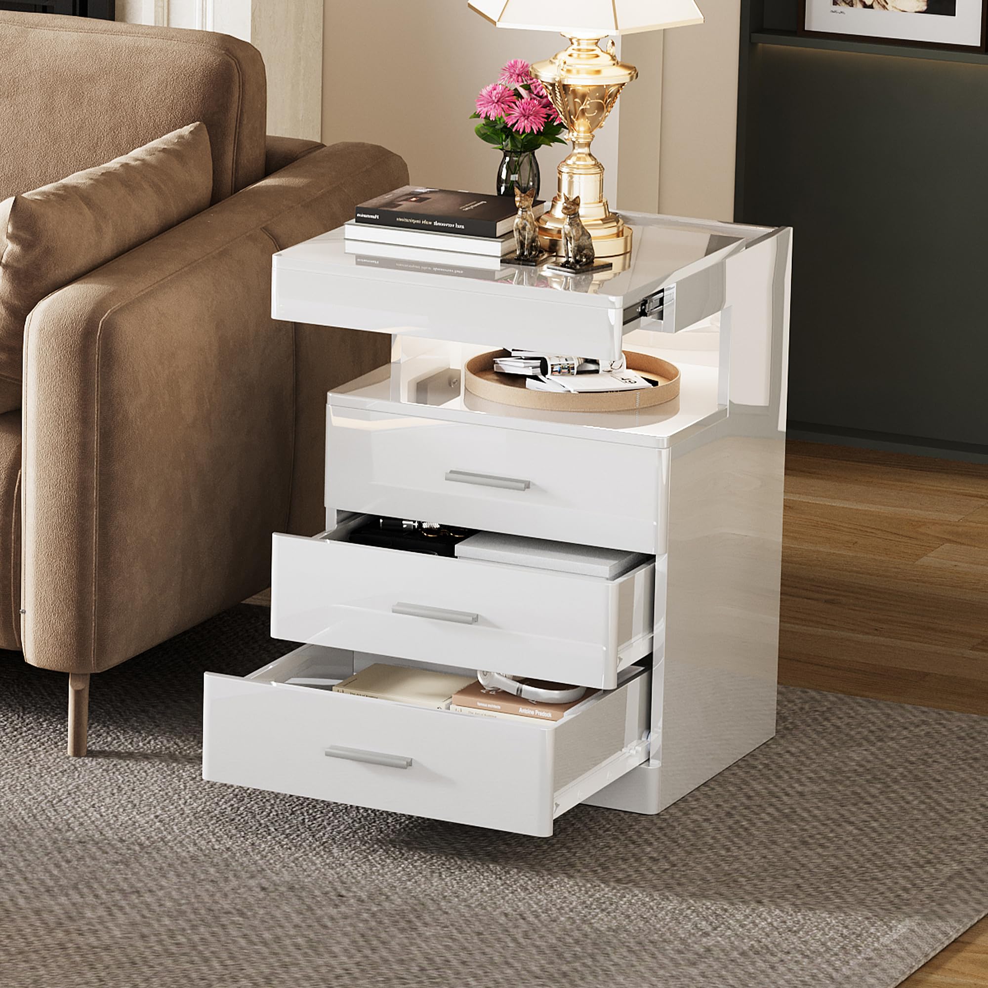 LED Nightstand with Charging Station and Hidden Storage