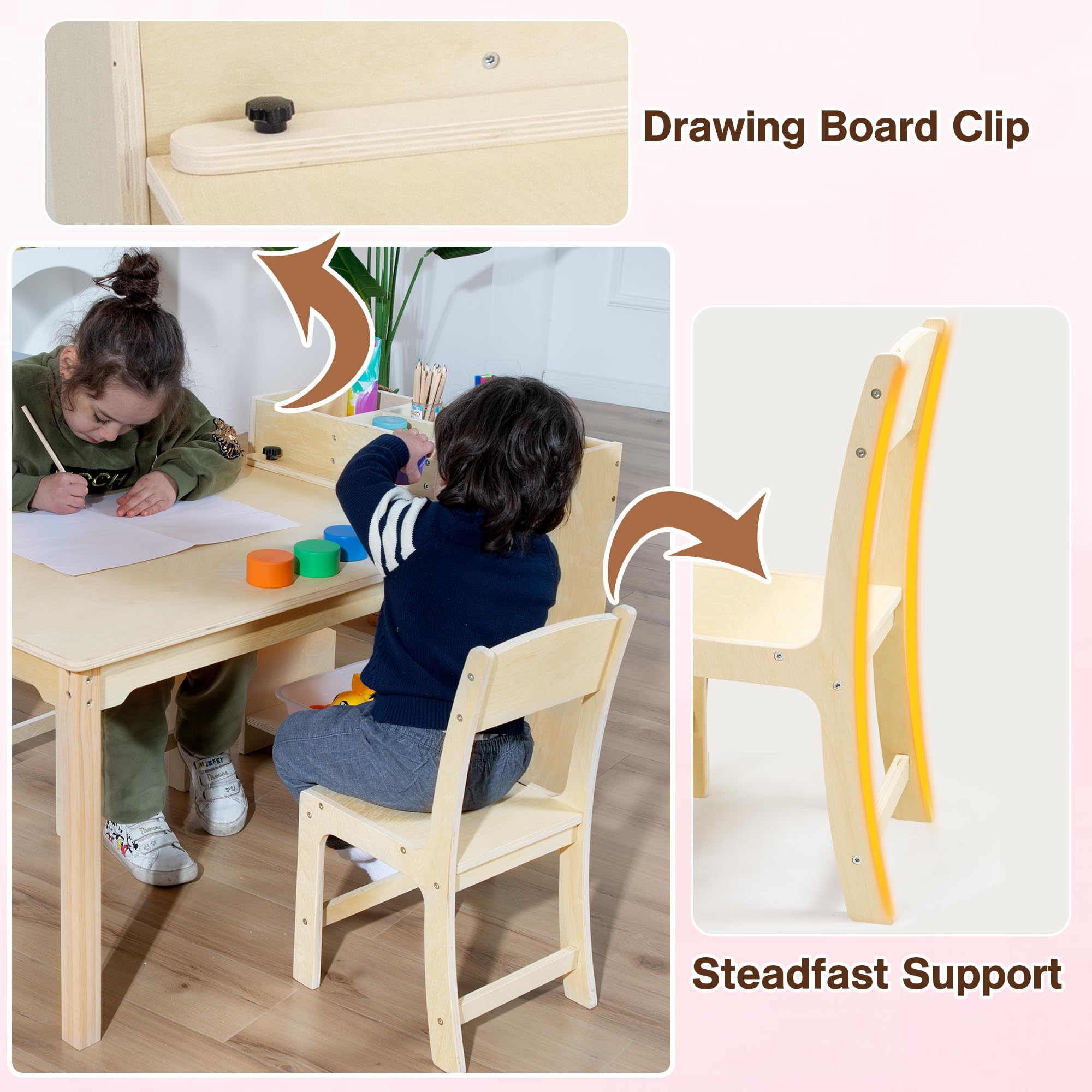 Birch Wood Kids Art Table and Chair Set with Storage