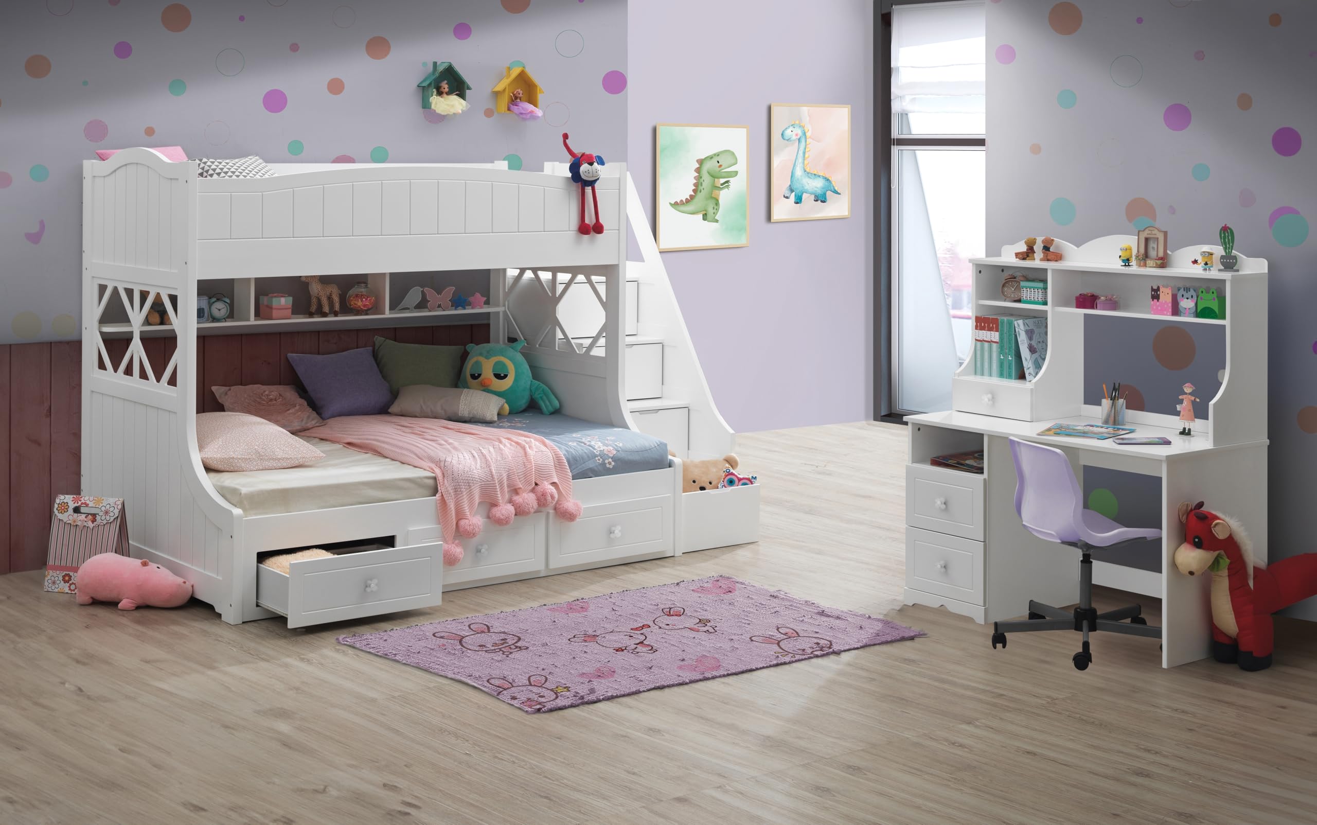 Meyer Twin/Full Bunk Bed with Storage Ladder and Drawers in White