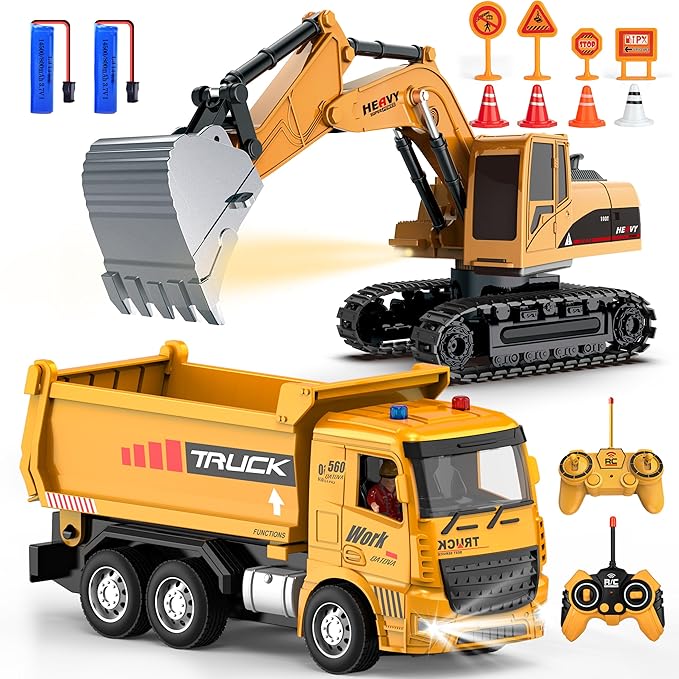 Remote Control Excavator and Dump Truck Toy Set - RC Construction Vehicles Toy
