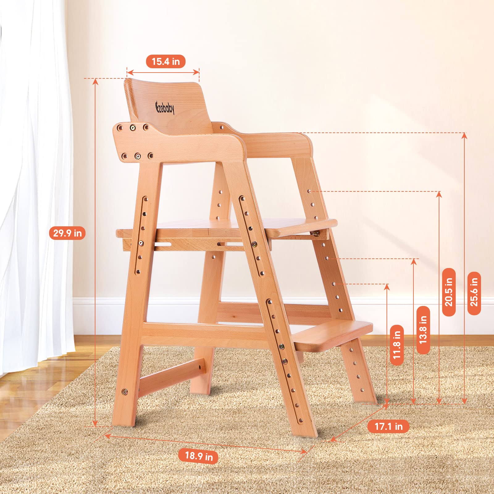 Adjustable Wooden High Chair for Toddlers to Teens
