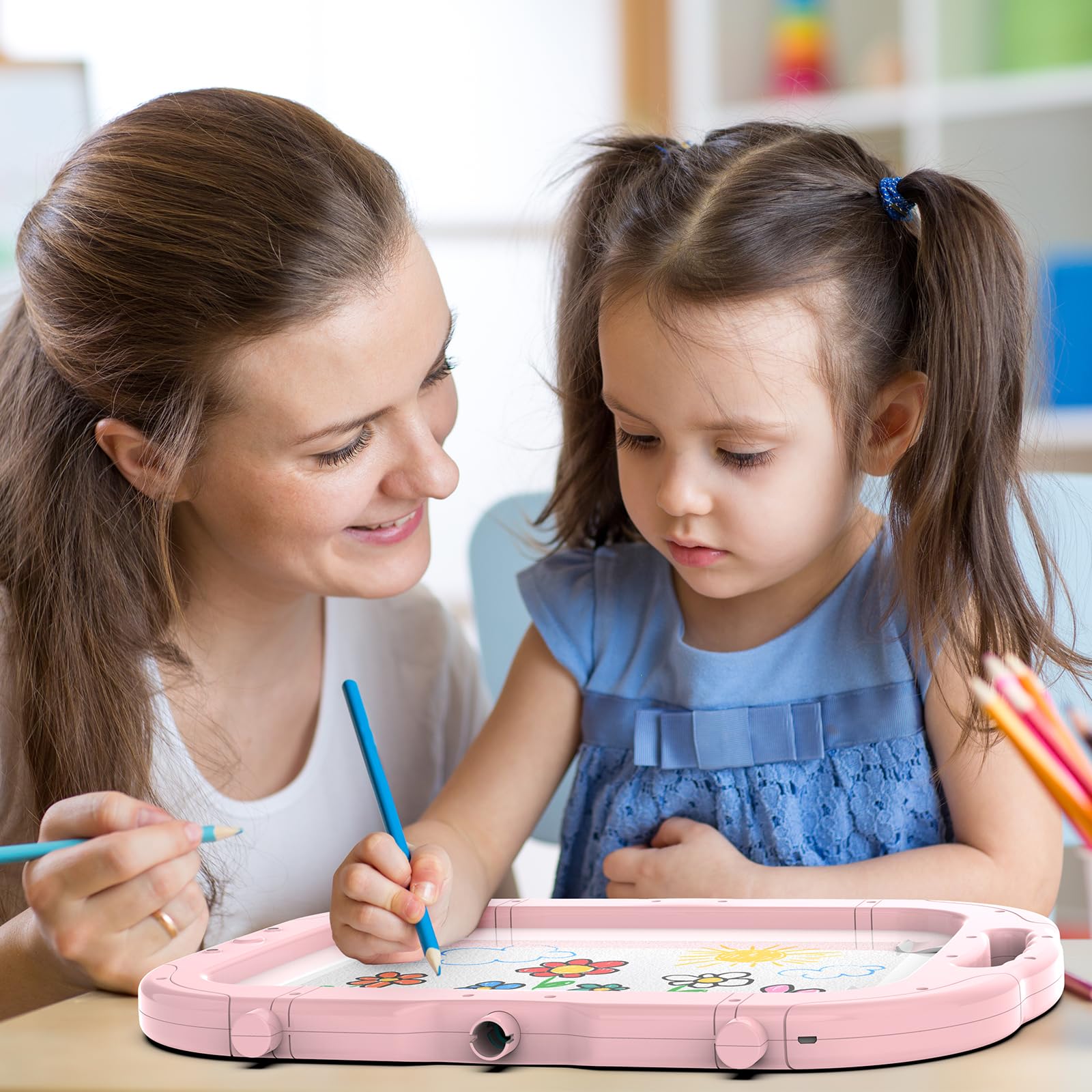 PUPPSITTY Easel for Kids, Adjustable Standing Rotatable Double Sided Toddlers Art Easel with Painting Accessories, Drawing Board Gift for Boys and Girls, Pink
