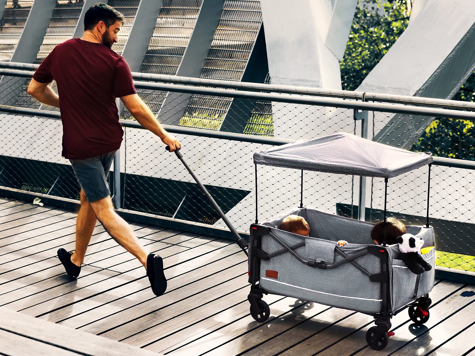 Foldable into Bag Travel Wagon Stroller for 2 Kids & Cargo, Collapsible Toddler Wagon