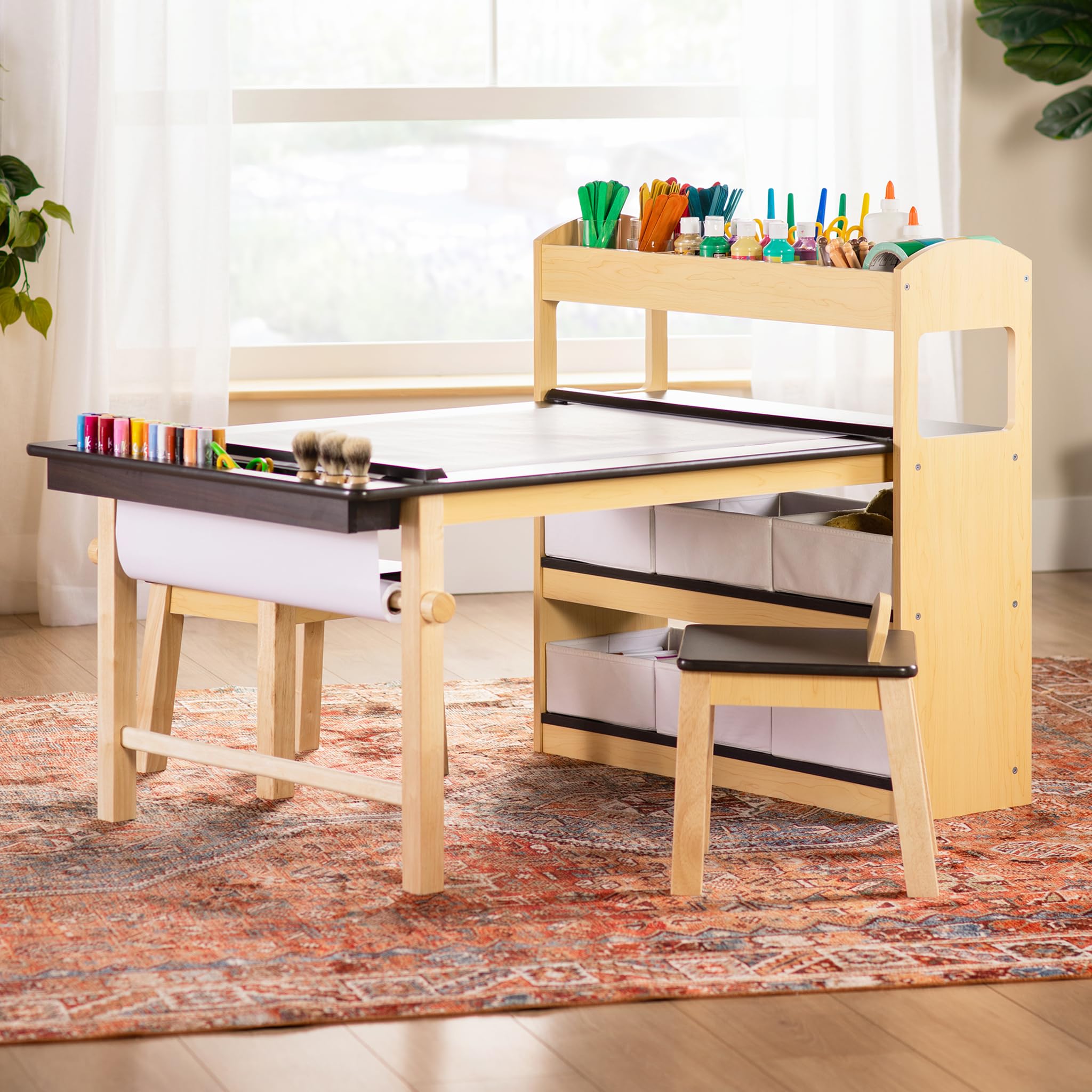 Deluxe Art Center: Kids Arts and Crafts Table and Chairs Set with Storage Shelves