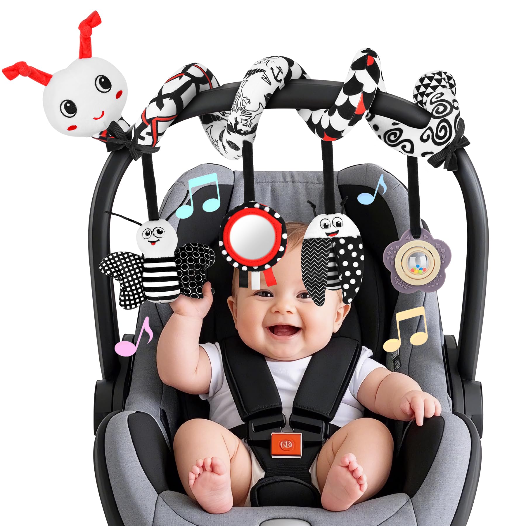Car Seat Toys for Babies, 0-6 Months Stroller Activity Black White Baby