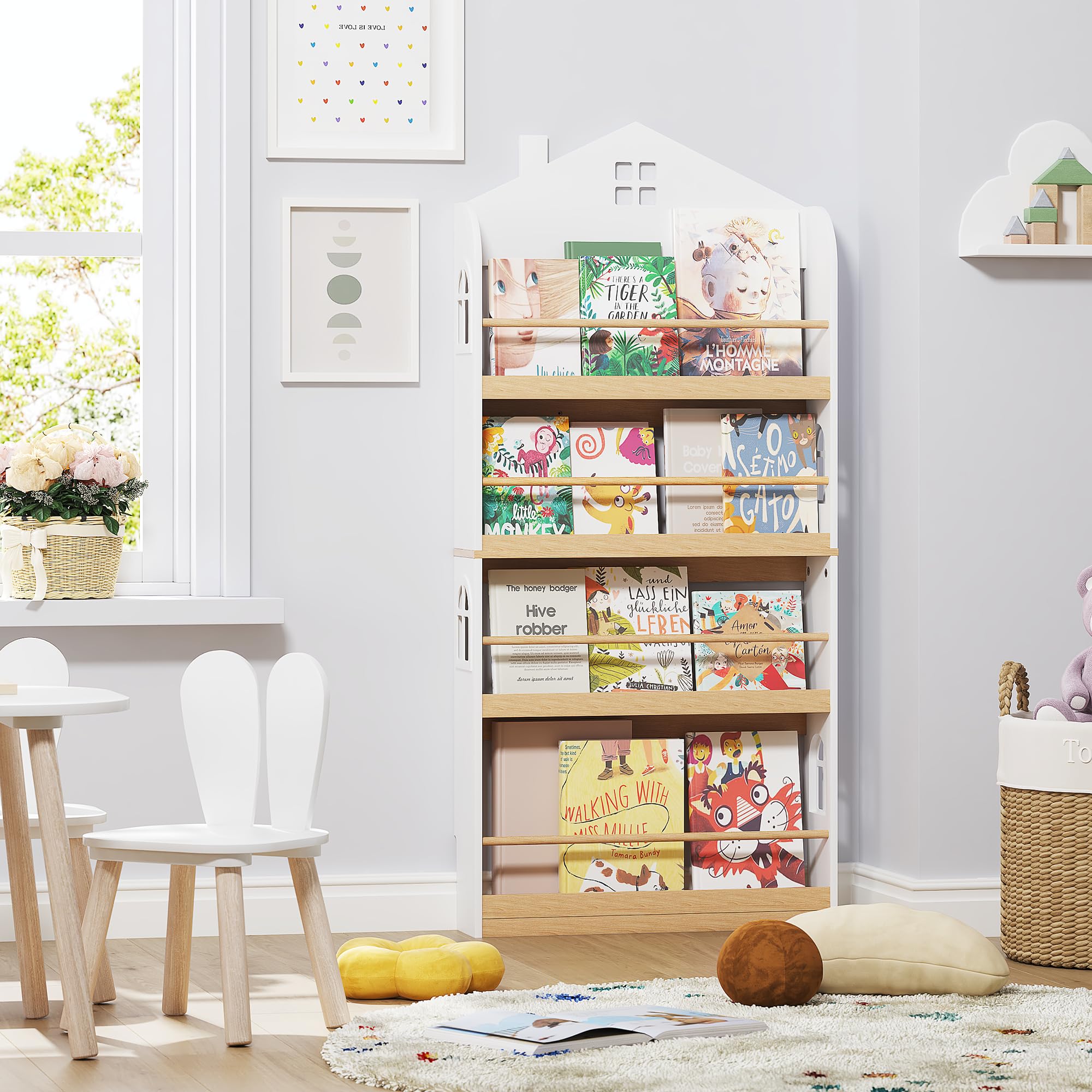 Wall Mounted Kids Bookshelf 4-Tier Storage Organizer