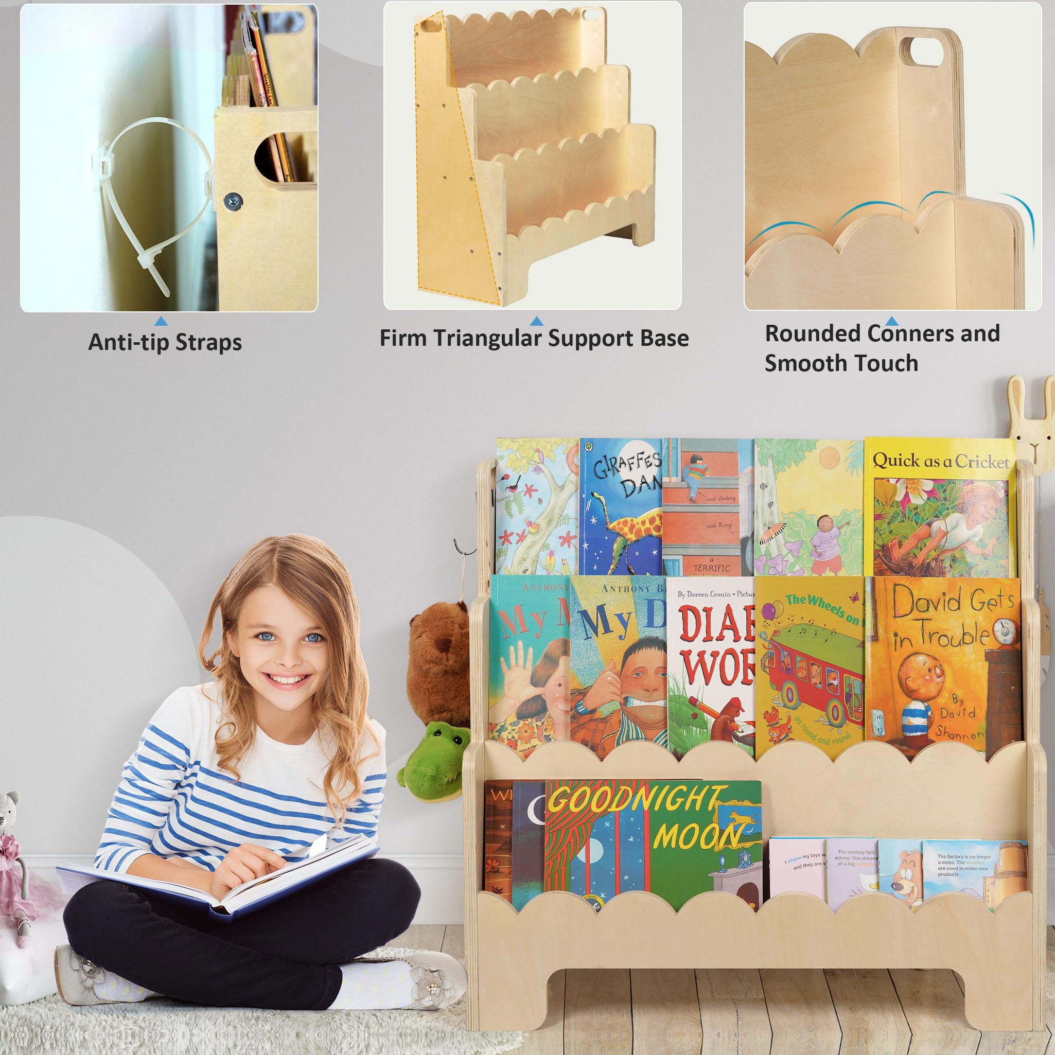 Wooden 3-Tier Kids Bookshelf with Front-Facing Display