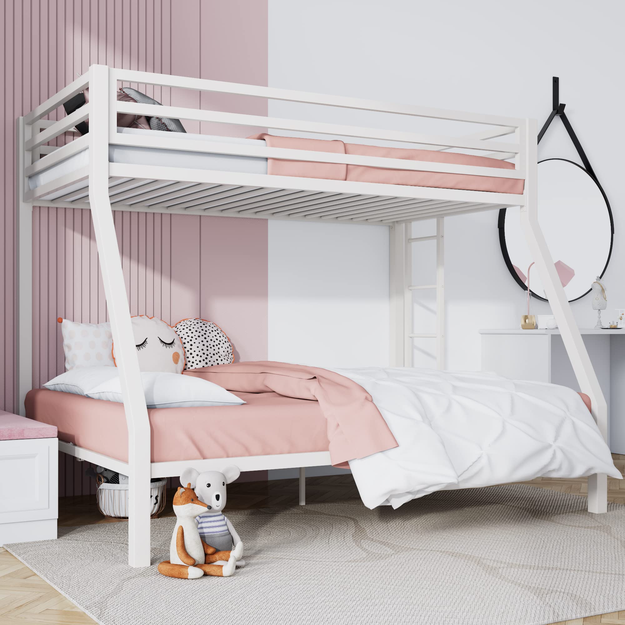 Loft Bunk Bed Twin Over Full Size with Ladder and Guardrail