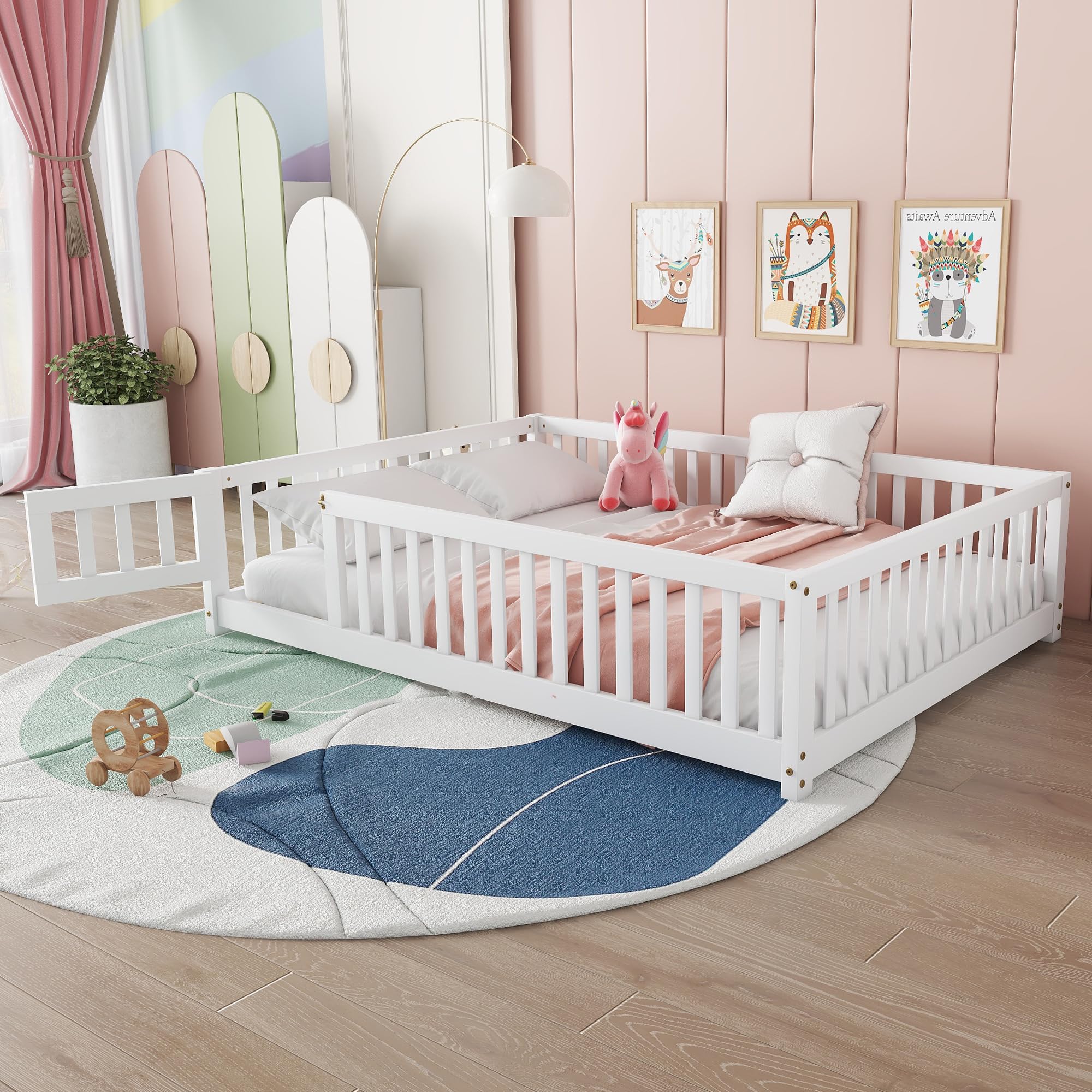 Full Size Floor Bed Frame with Slats and Safety Guardrail