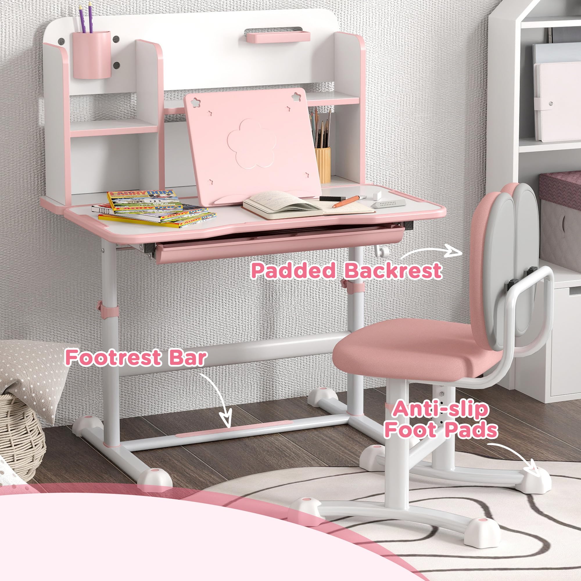 Desk and Chair Set, Height Adjustable Kids School Study Desk
