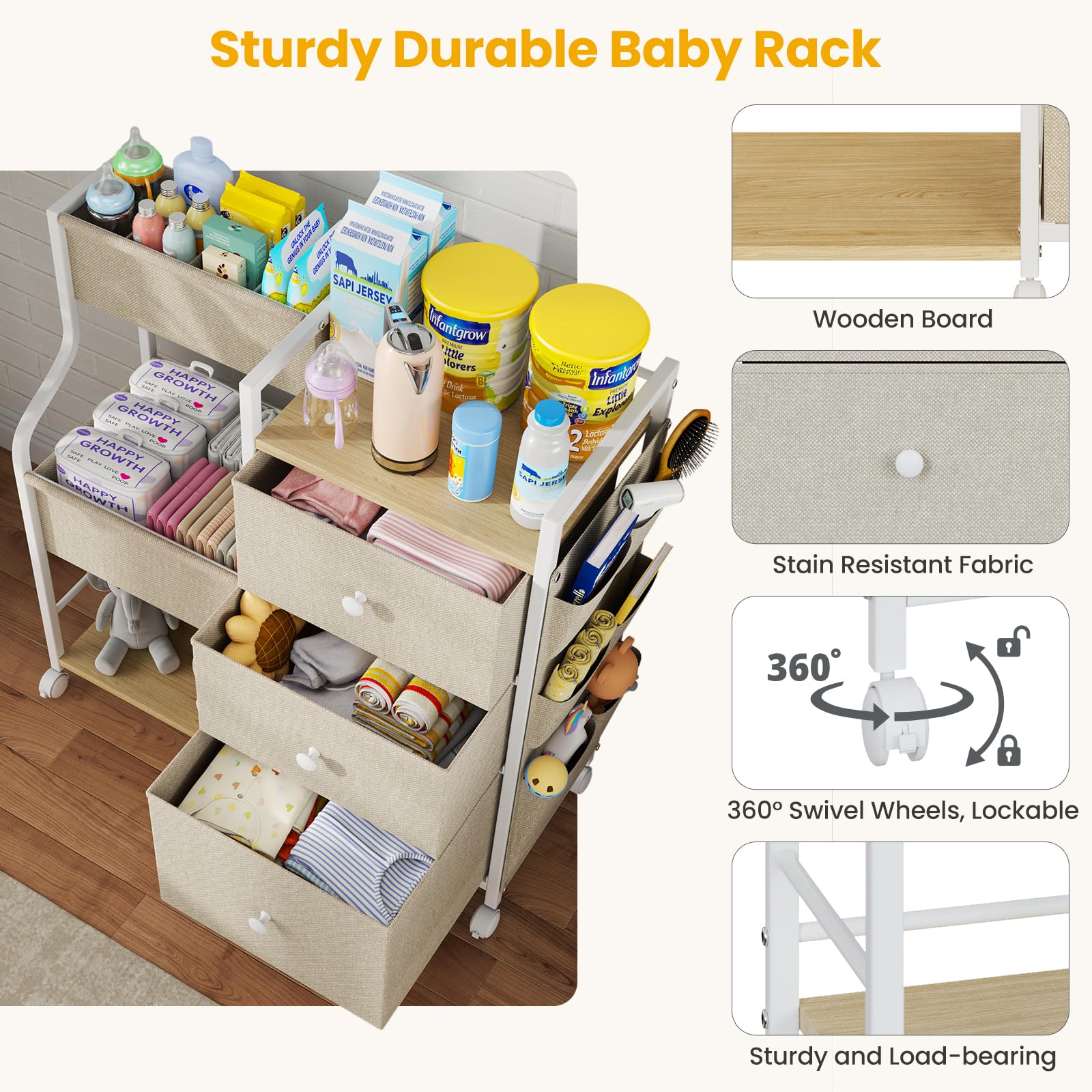 3-Tier Rolling Baby Organizer Cart with Dividers and Drawers