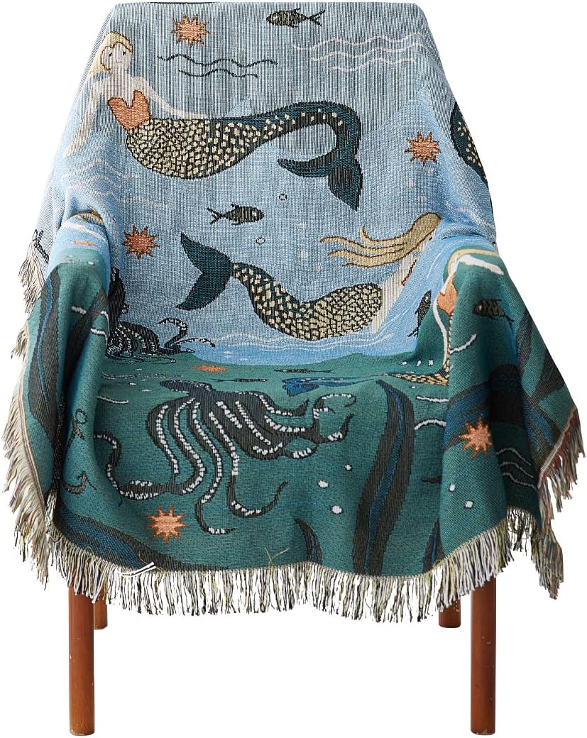 Mermaid Throw Blanket with Tassels for Couch Sofa Chair Cover Cotton Blended Green Blue