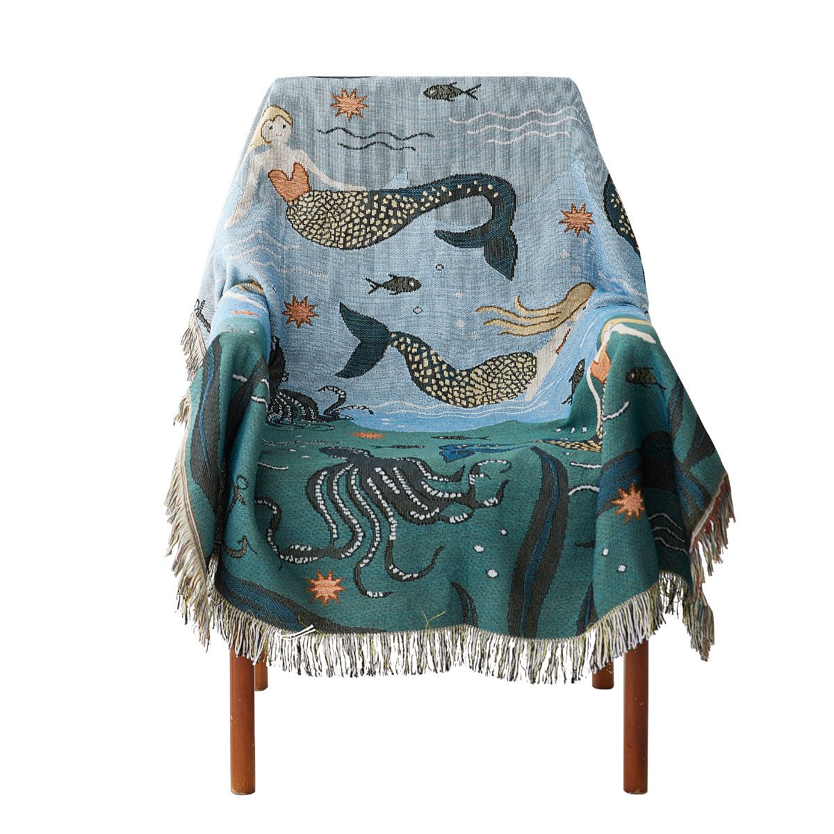 Mermaid Throw Blanket with Tassels for Couch Sofa Chair Cover Cotton Blended Green Blue