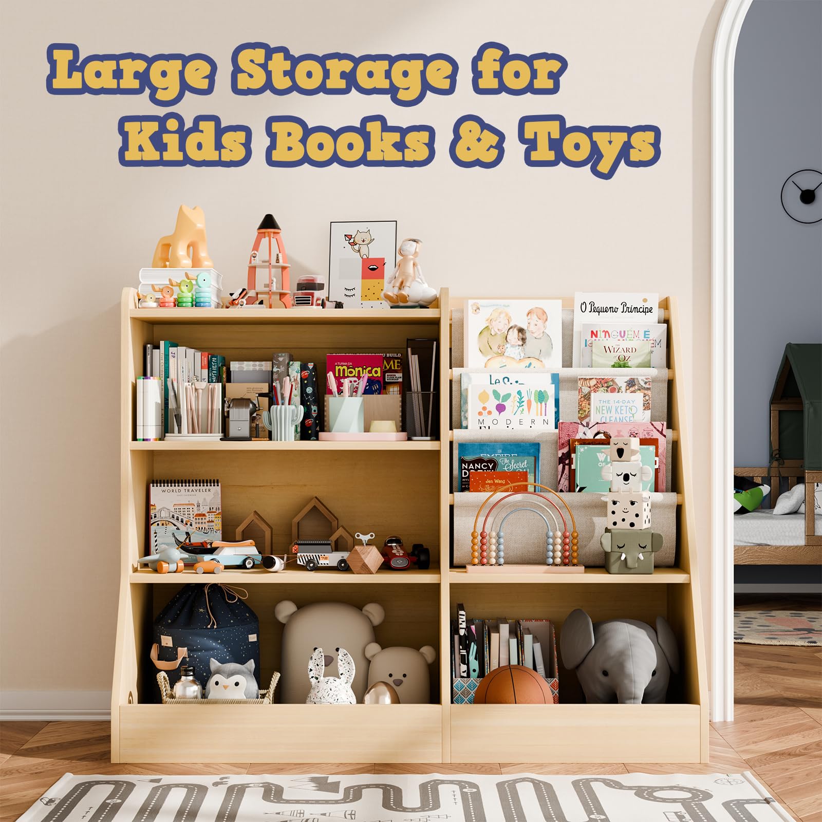 Kids Wooden Bookshelf and Toy Storage Organizer with Sling Book Rack