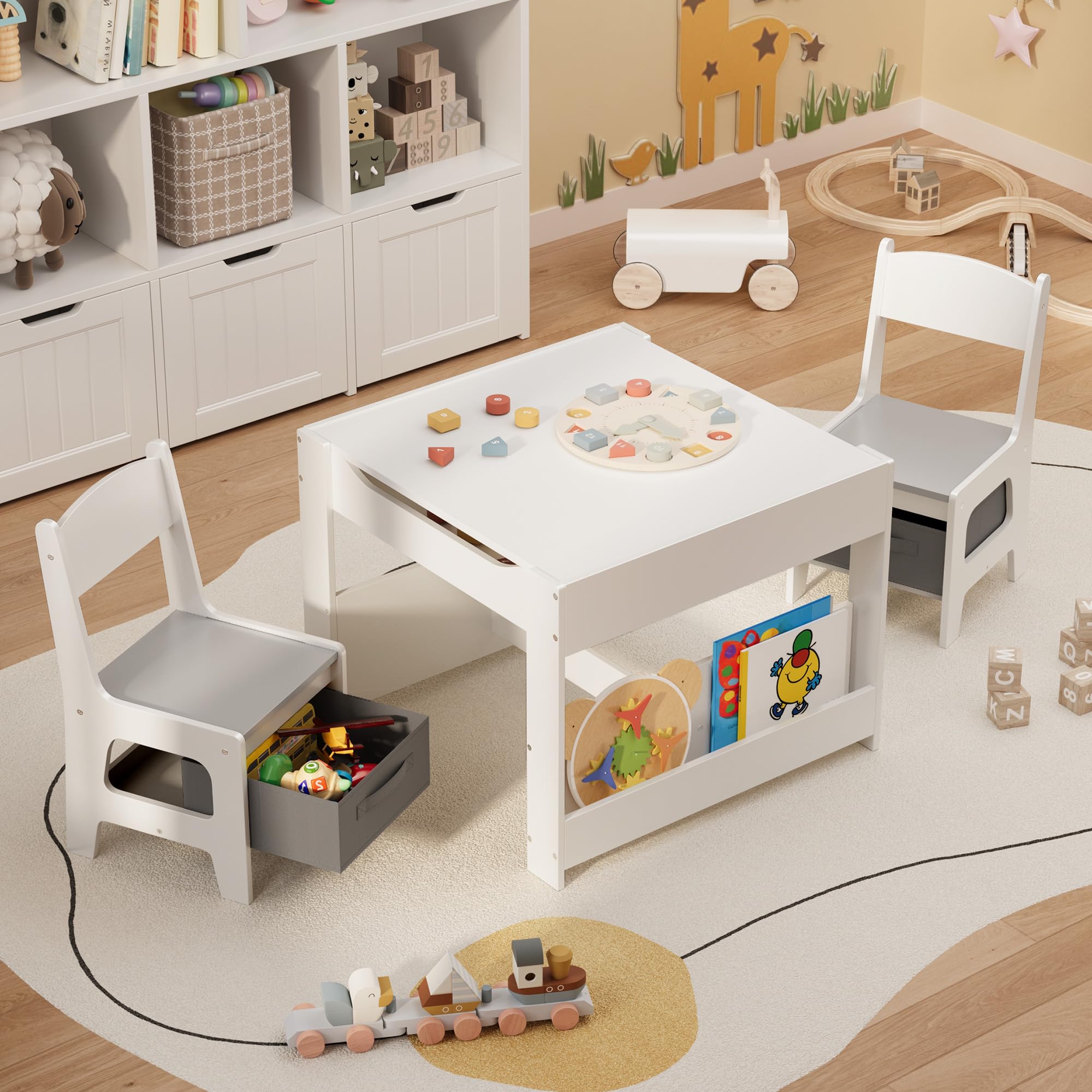 4-in-1 Kids Table and Chair Set with Removable Tabletop Storage