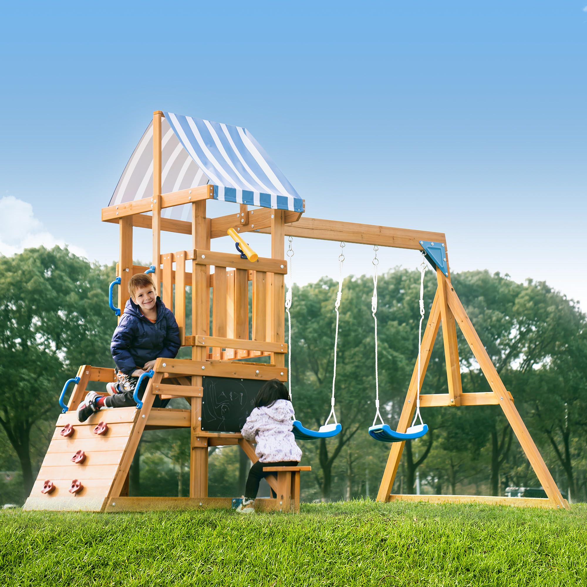 Wooden Swing Set with Slide and Climbing Ladder
