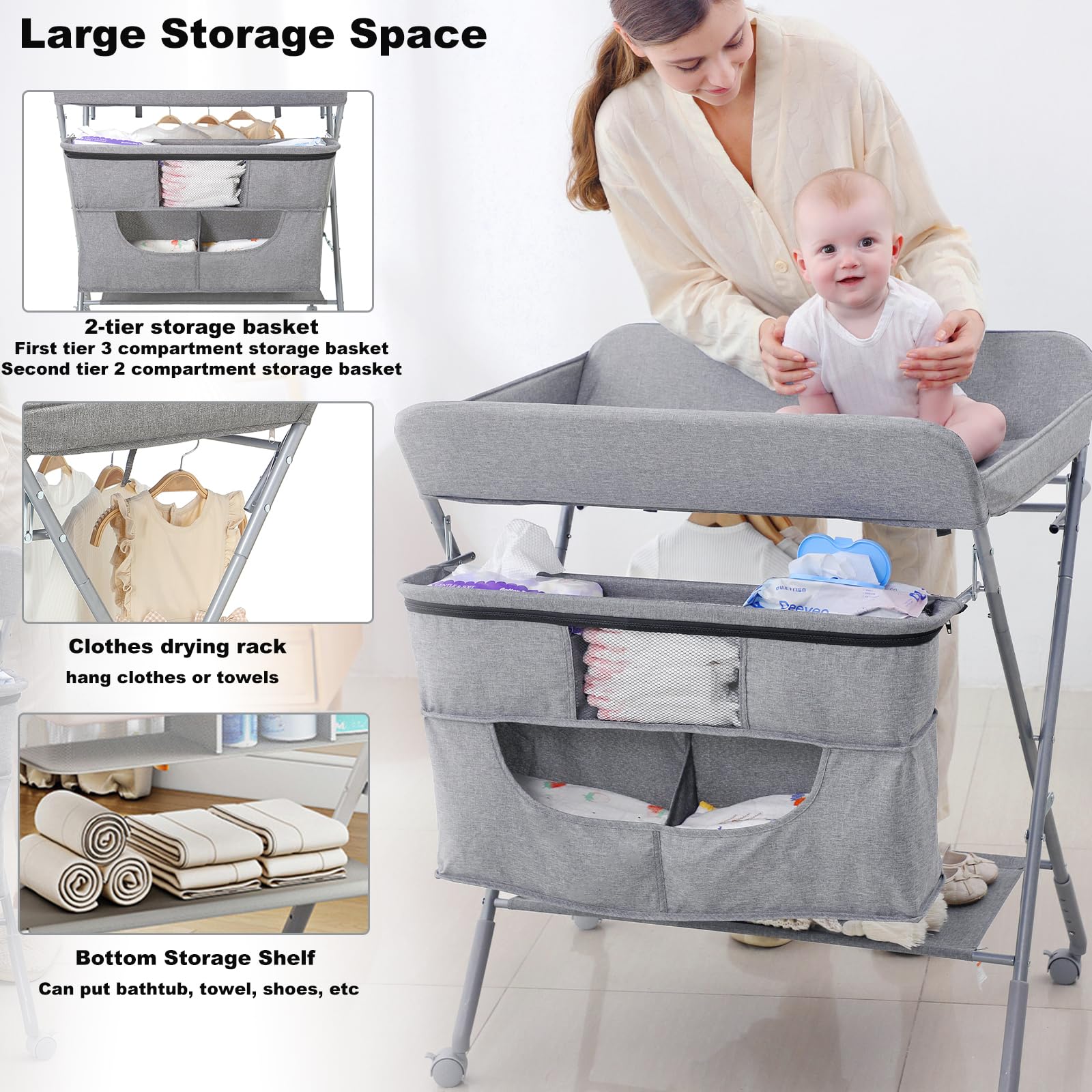 Adjustable Height Baby Changing Table with Wheels