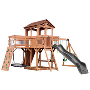 Sterling Point Cedar Wood Swing Set with Wave Slideing, Trapeze, Balcony, Climbing Wall, Ladder, Outdoor Playset