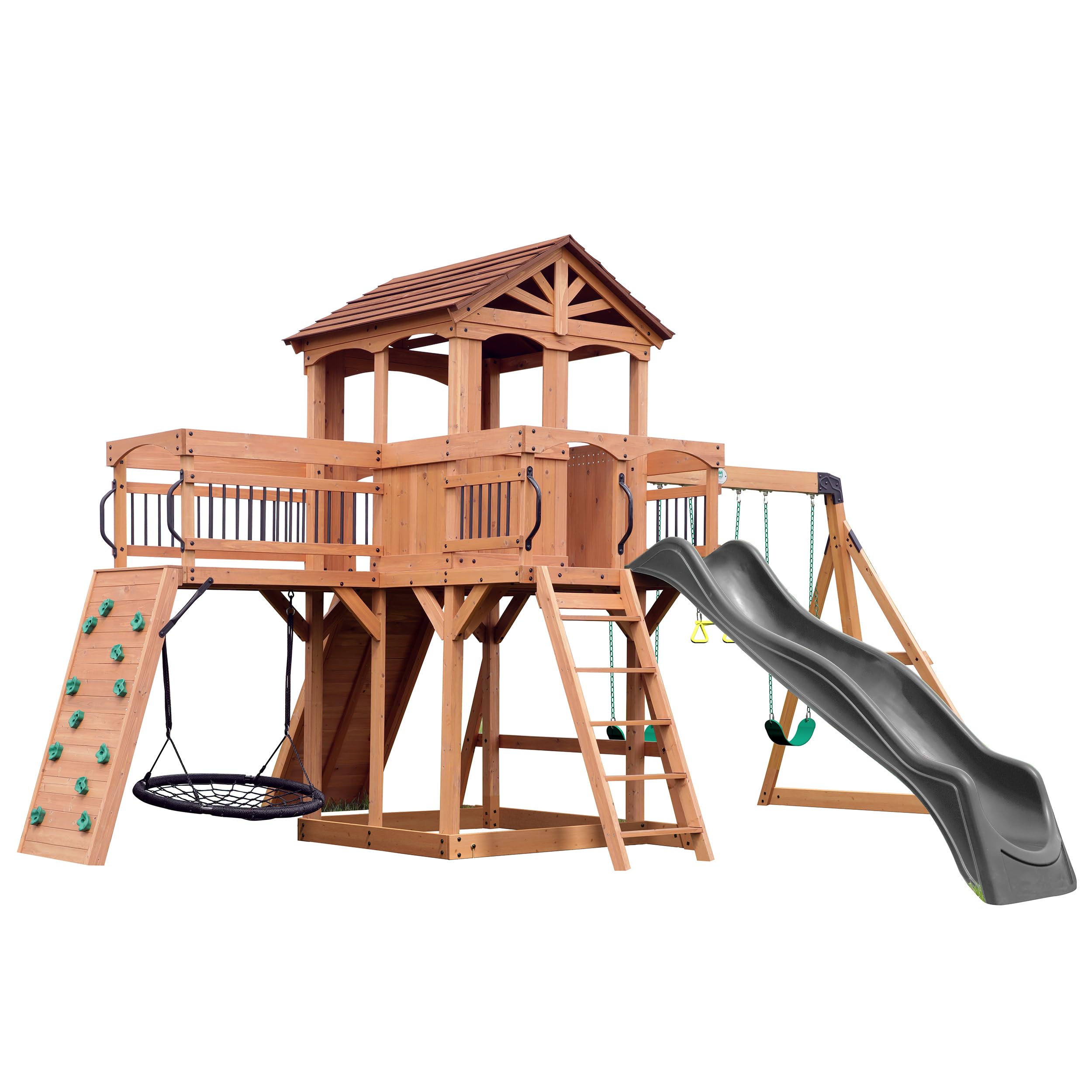Sterling Point Cedar Wood Swing Set with Wave Slideing, Trapeze, Balcony, Climbing Wall, Ladder, Outdoor Playset
