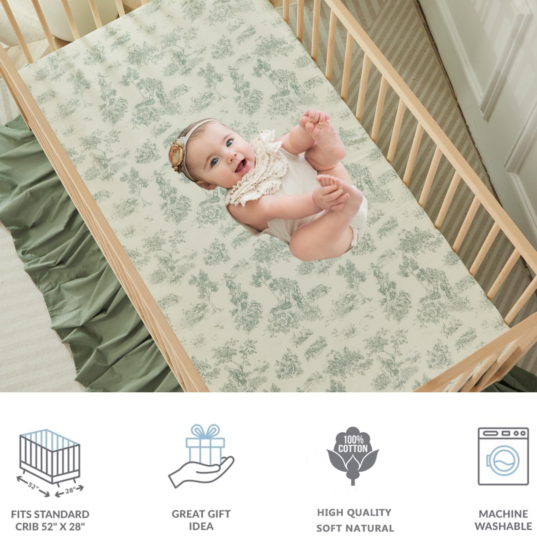 Vintage Green Toile Crib Bedding Set