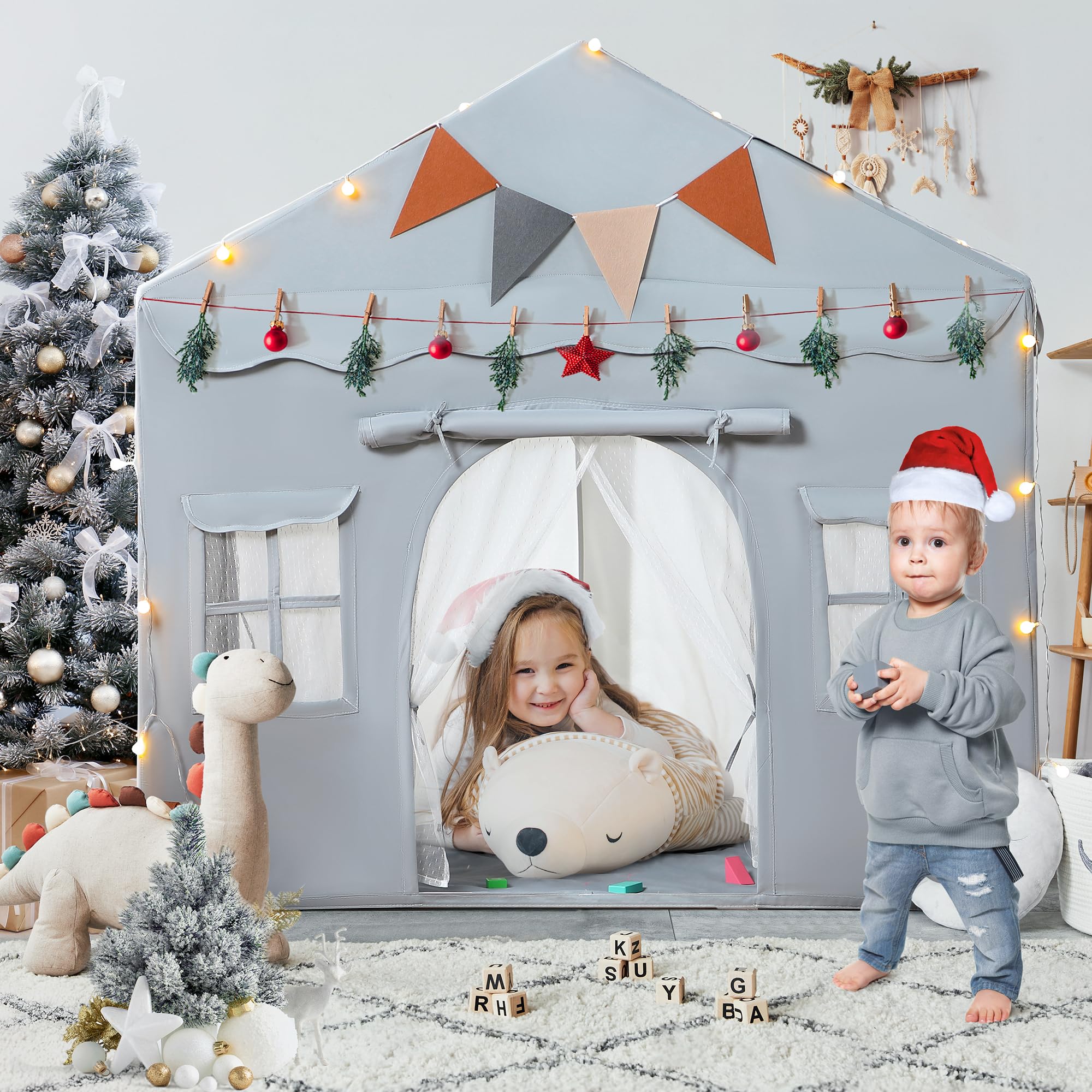 besrey Kids Tent, Kids Play Tent 2 in 1 with Padded Mat and Lights, Large Playhouse with 2 Doors & 4 Windows, Indoor & Outdoor, Halloween Toddler Playhouse, 51" x35" x 51" (Gray)