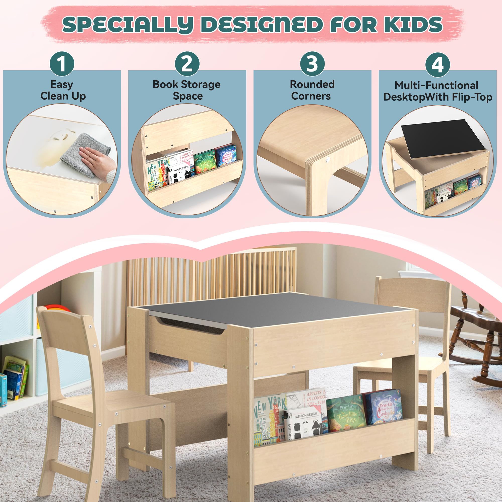 Kids Wooden Activity Desk and Chair Set with Reversible Whiteboard Chalkboard