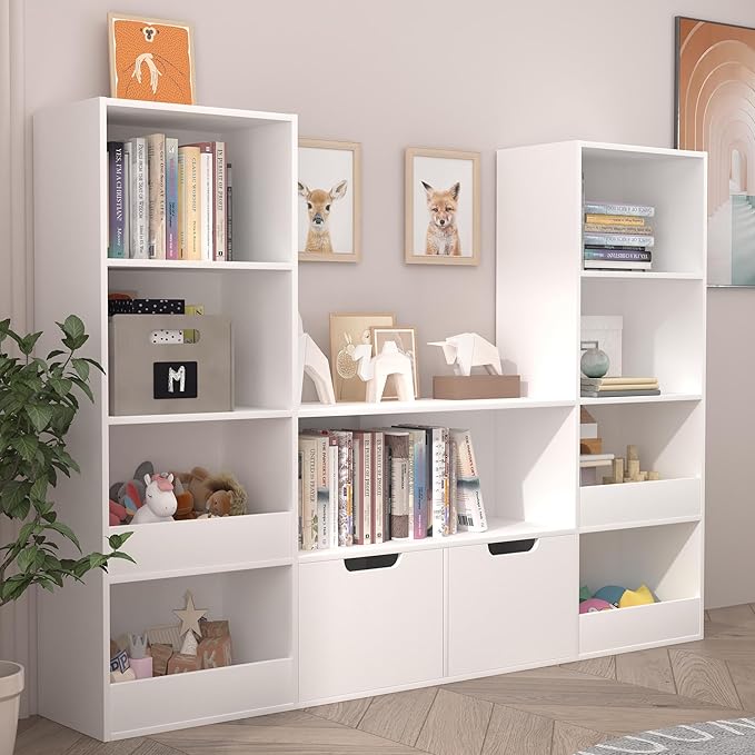 4 Tier Kids Bookshelf and Toy Storage, Castle Bookcase with Drawers, Reading Nook
