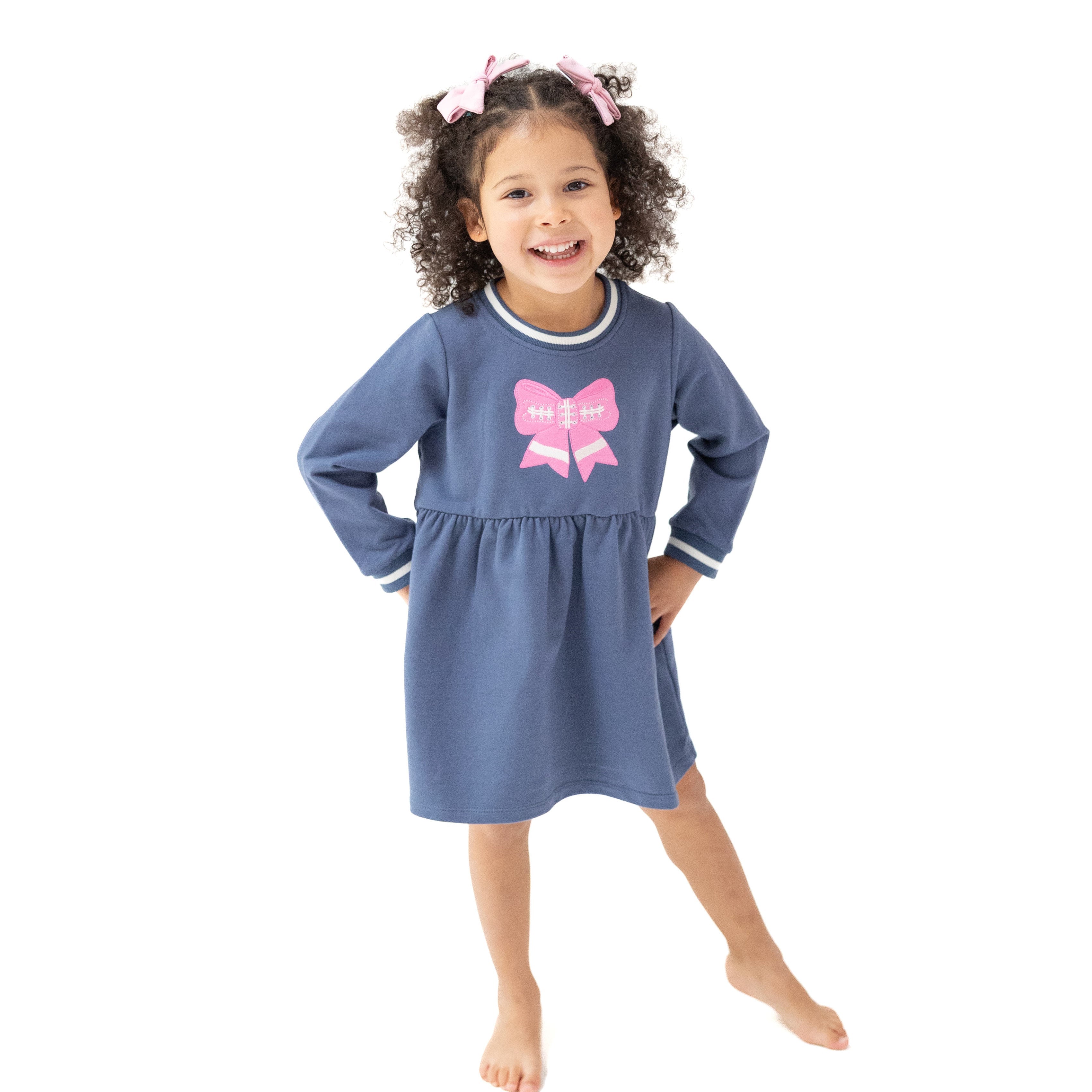 Varsity - Vintage Indigo - Pink Bow French Terry Dress