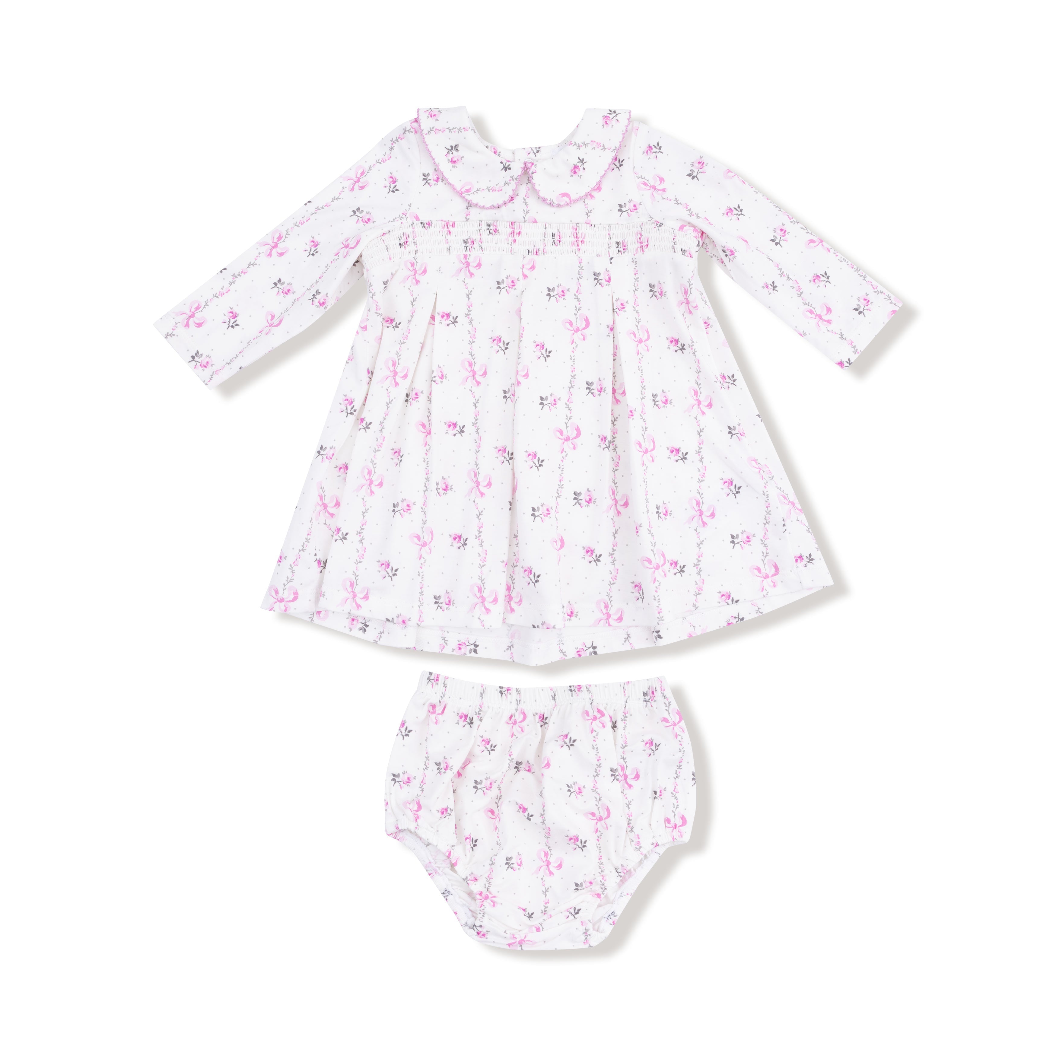 Dainty Buds and Bows Stripe - Long Sleeve Peter Pan Collar Dress with Smocking and Bloomer