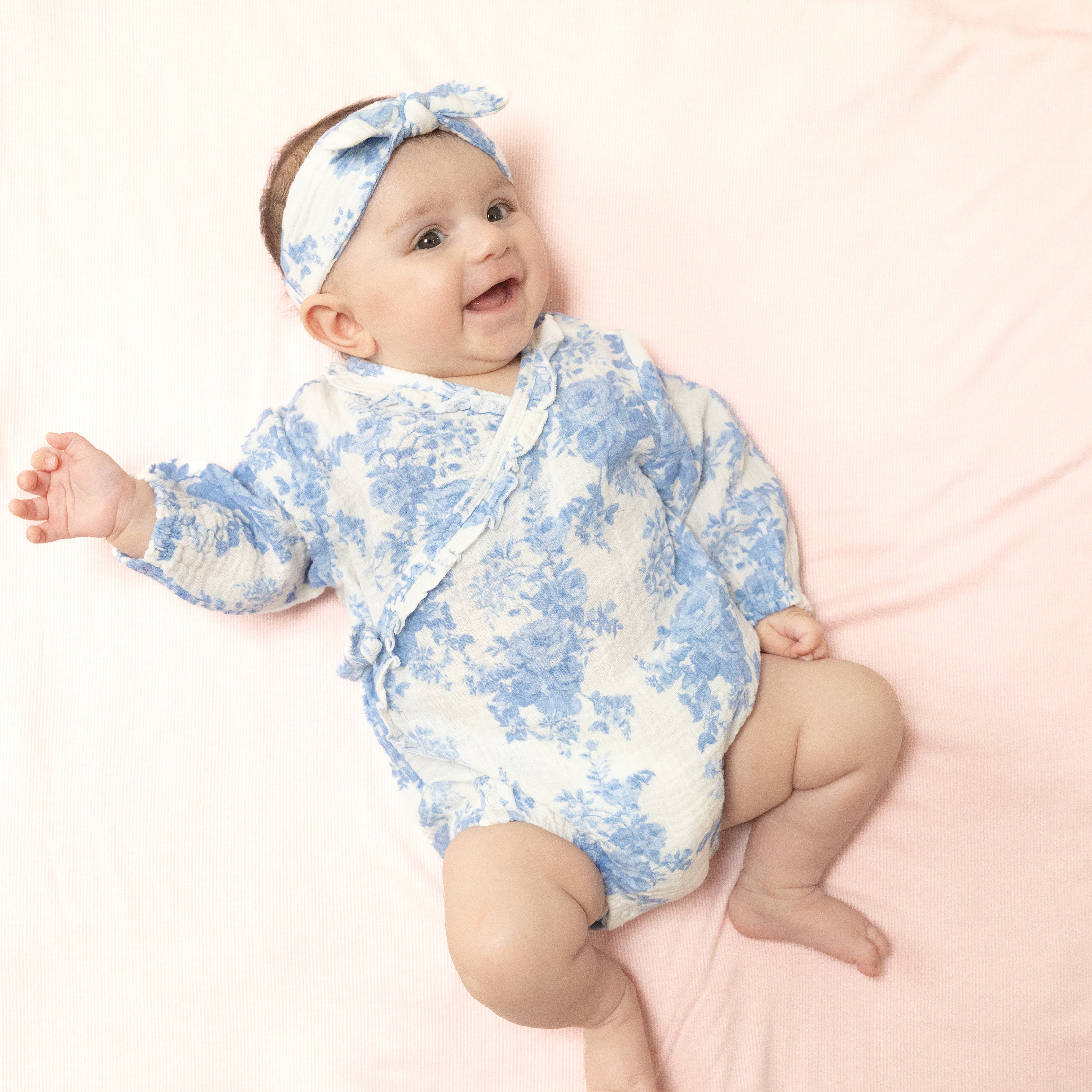 Dream Cottage Floral - Long Sleeve Kimono Bodysuit with Ruffle + Elastic Cuff