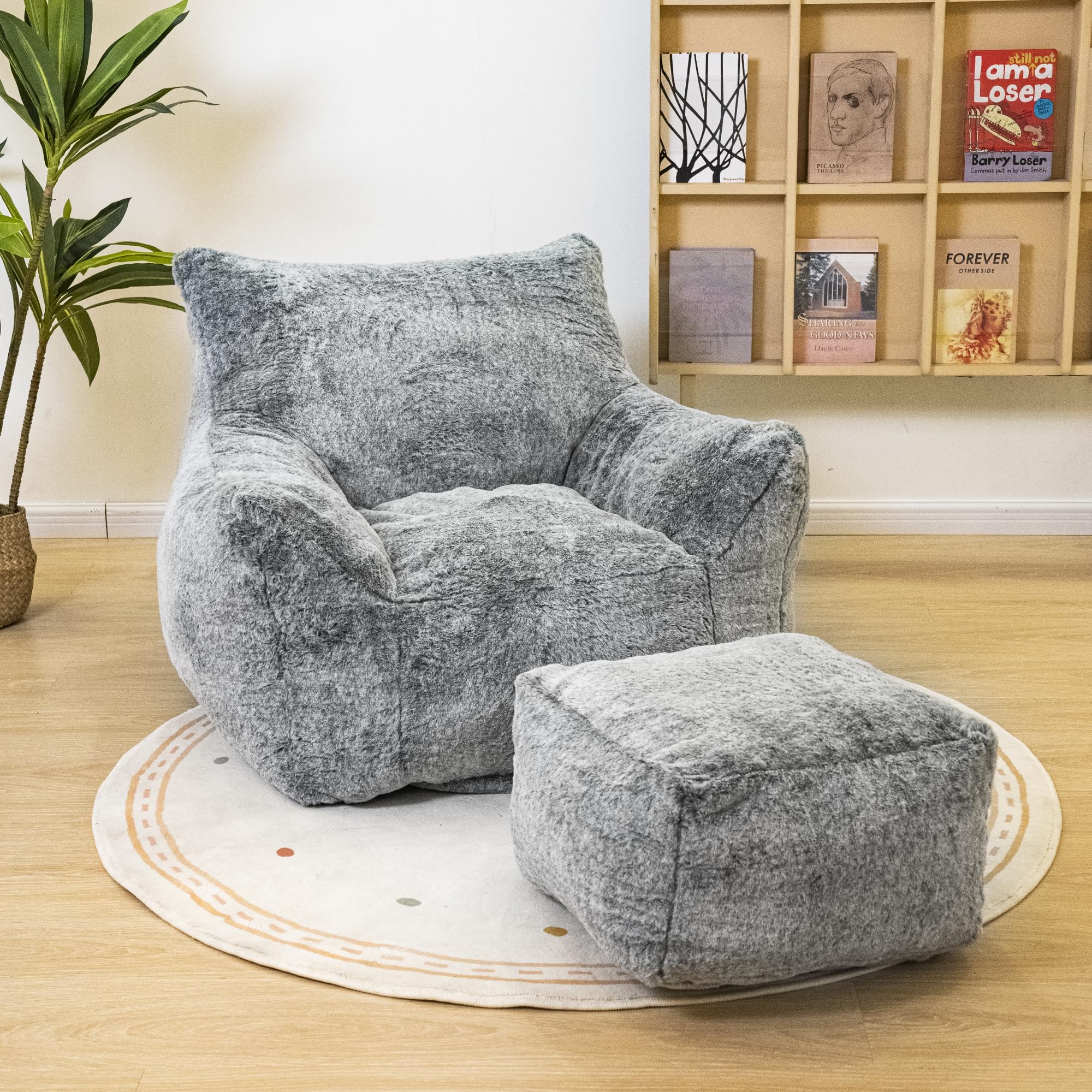 Bean Bag Chair with Ottoman and Footrest - Faux Fur