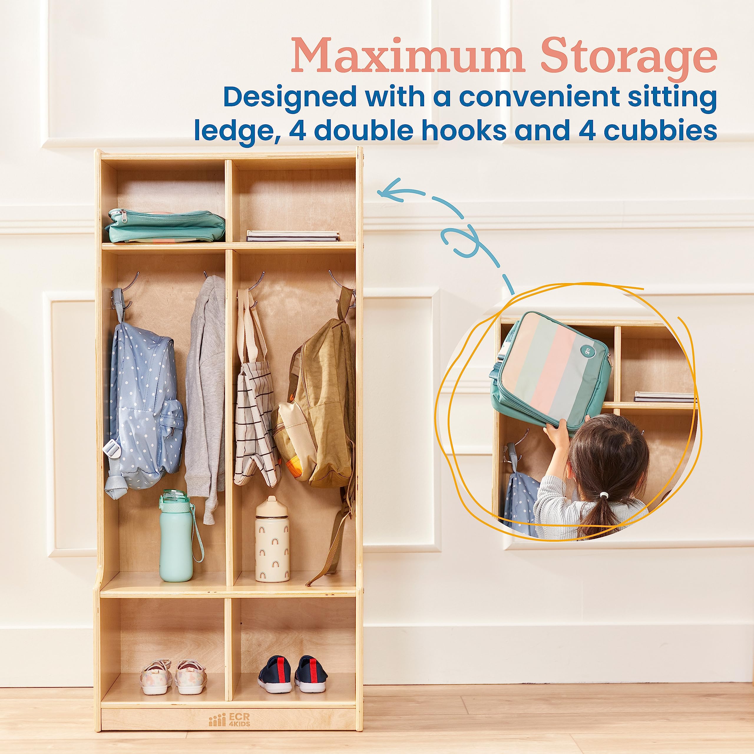 ECR4Kids 2-Section Coat Locker with Bench, Classroom Furniture, Natural