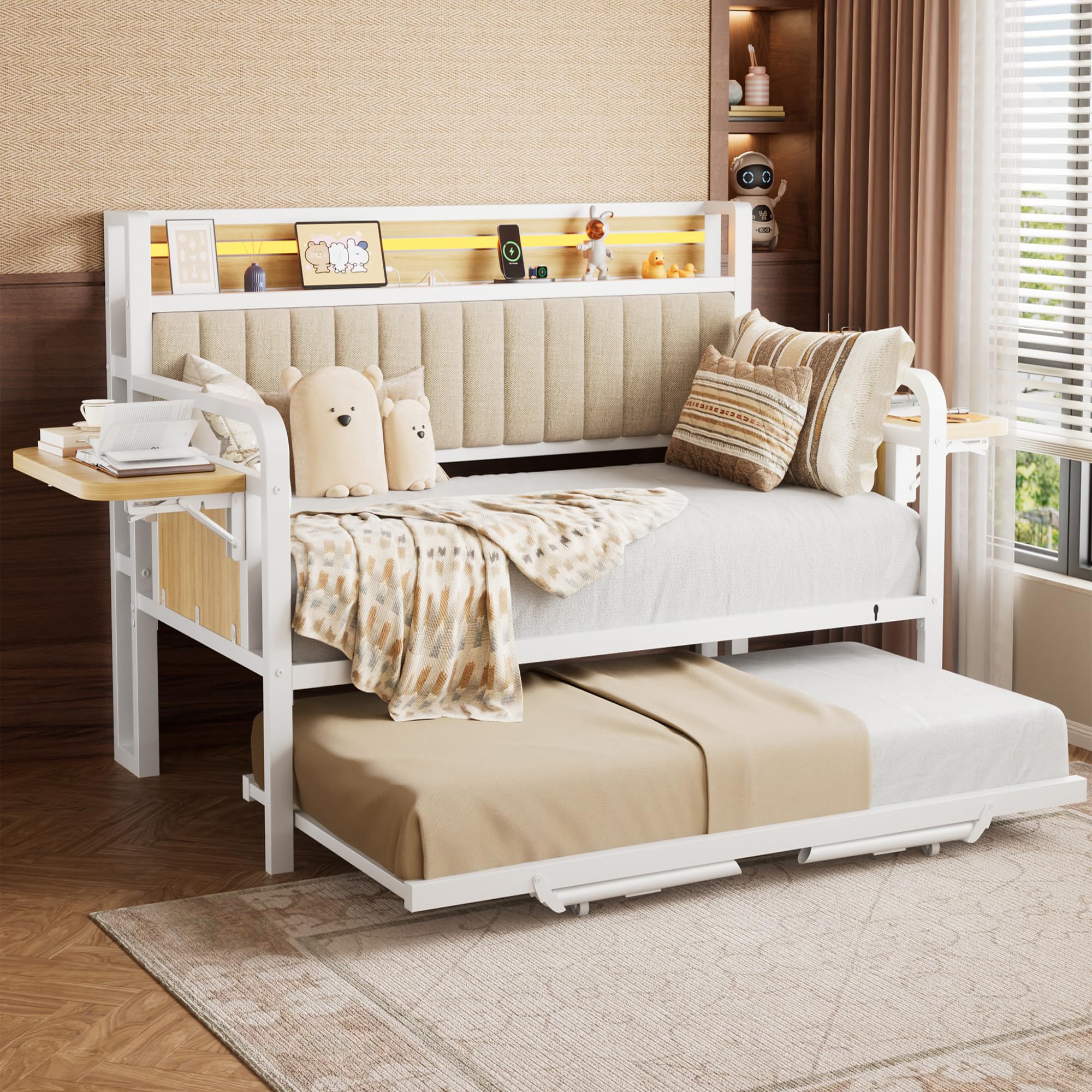 Trundle and LED Light, Heavy Duty Metal Twin Bed Frame