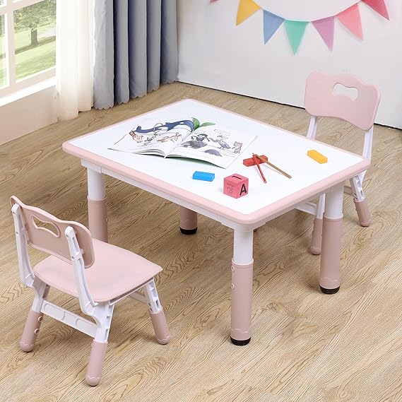 Kids Table & Chairs Set (2 Chairs) Height Adjustable for Ages 2-8 | Non-Slip Toddler