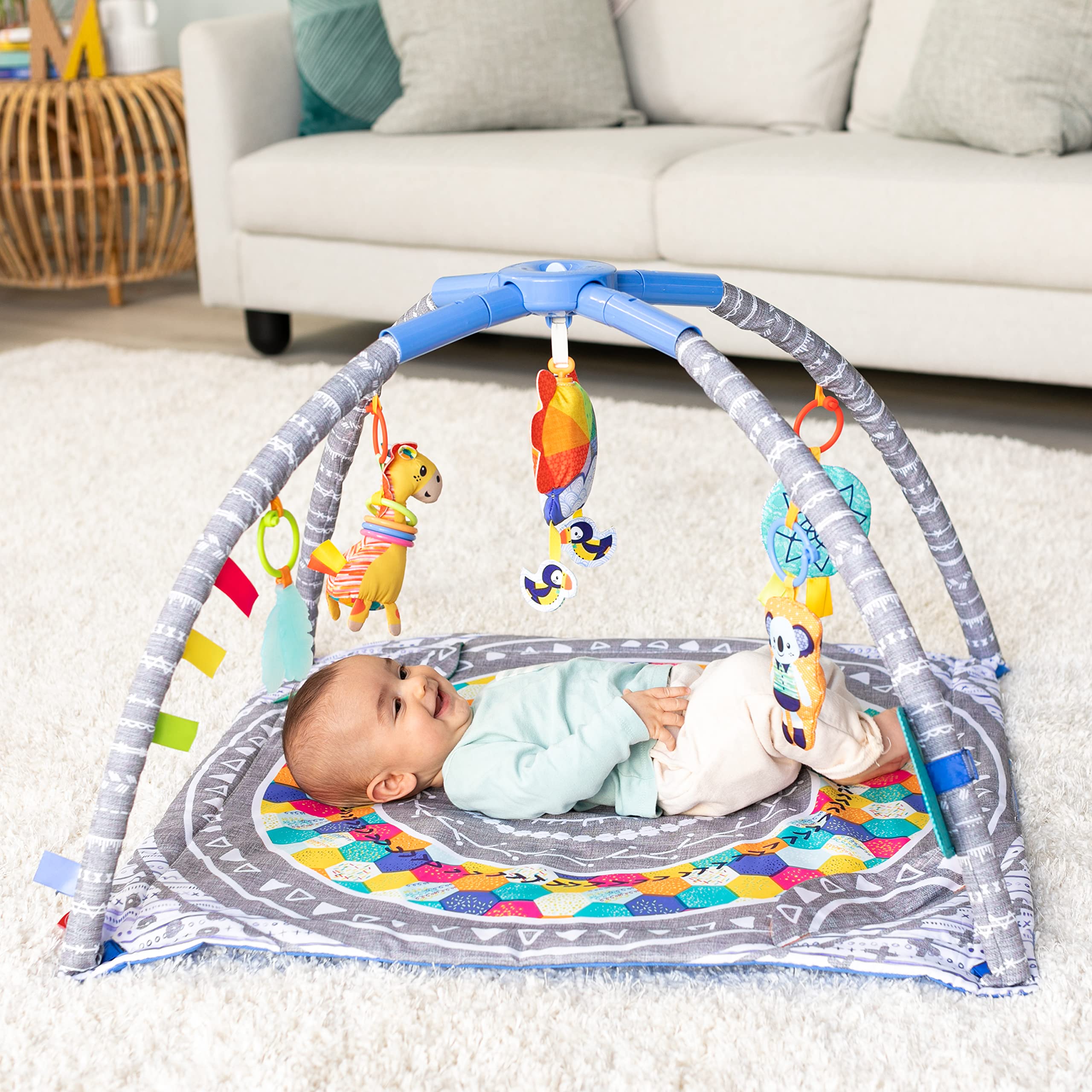 Infantino 4-in-1 Twist & Fold Musical Mobile Gym - Includes Linkable Toys, Repositionable Mirror, Feather Teether, On-The-Go Activities, Boho Styled Play Mat for Infants and Toddlers 0M+