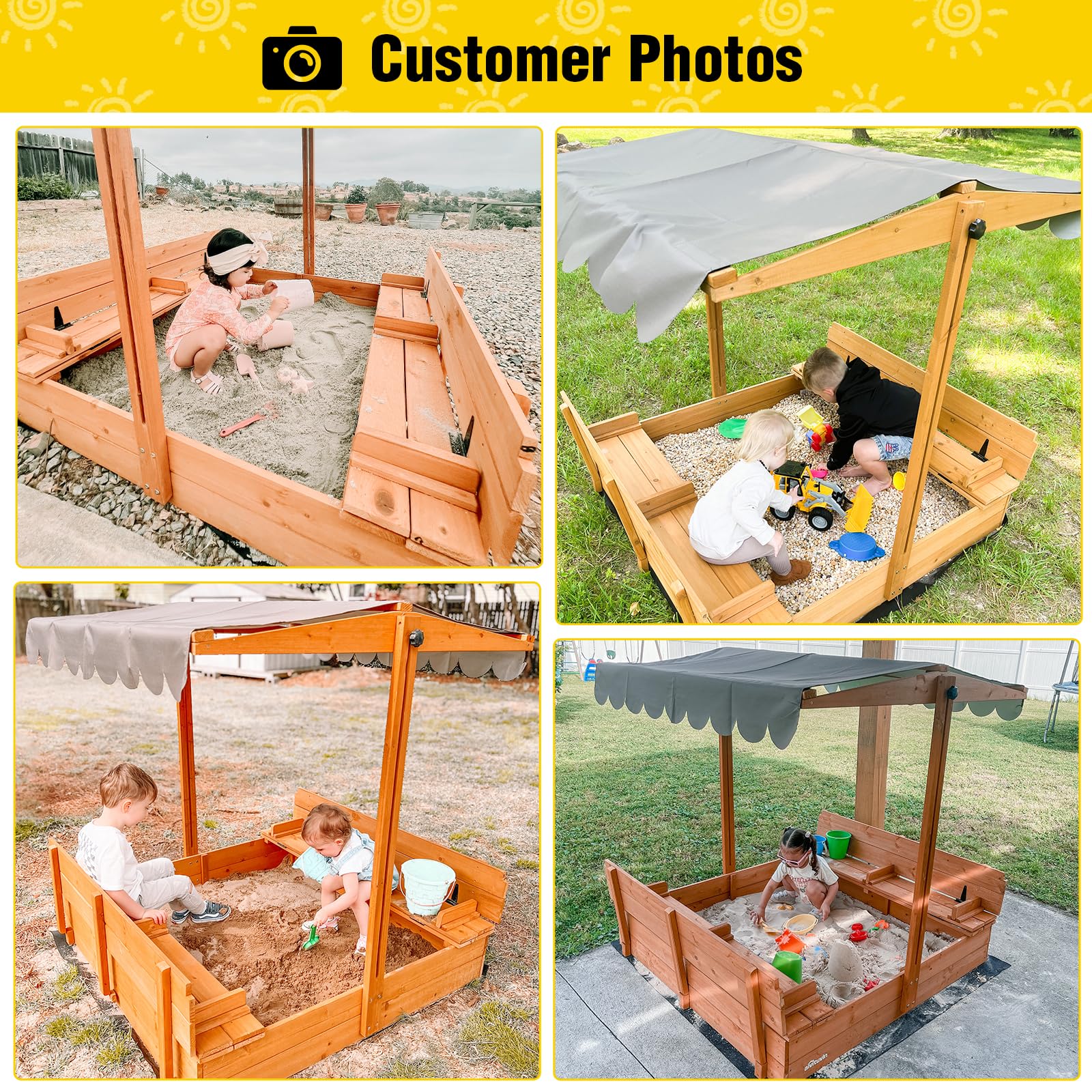 Wooden Sandbox with Canopy and Foldable Bench Seats